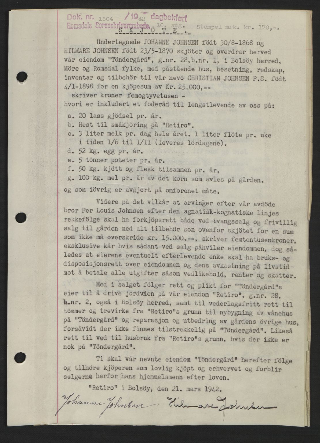 Romsdal sorenskriveri, AV/SAT-A-4149/1/2/2C: Mortgage book no. A12, 1942-1942, Diary no: : 1604/1942