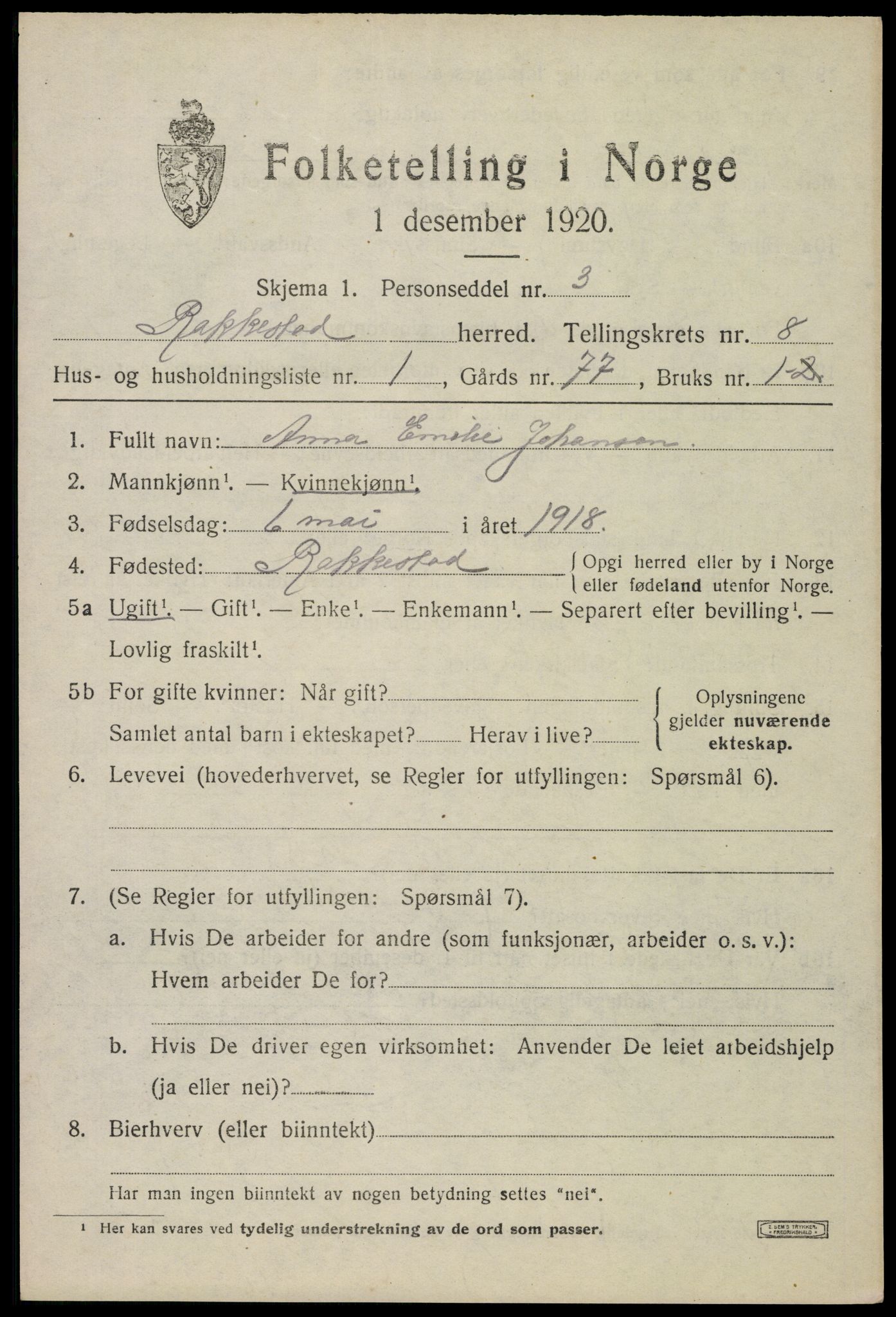 SAO, 1920 census for Rakkestad, 1920, p. 7261