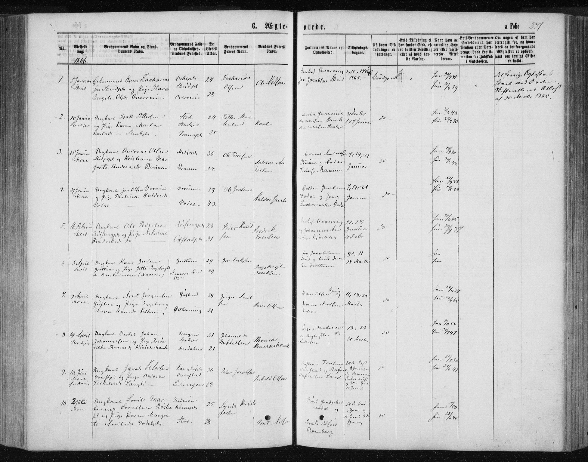 Ministerialprotokoller, klokkerbøker og fødselsregistre - Nord-Trøndelag, SAT/A-1458/735/L0345: Parish register (official) no. 735A08 /1, 1863-1872, p. 237