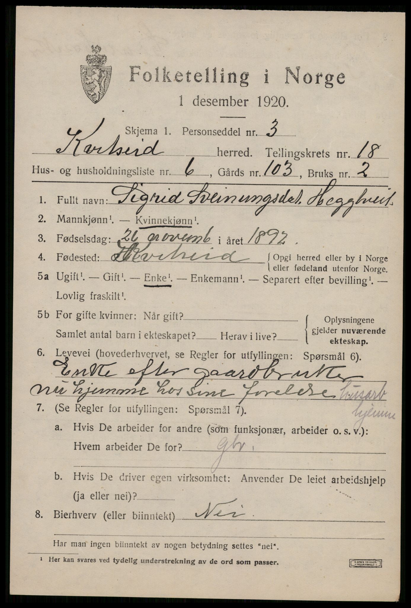 SAKO, 1920 census for Kviteseid, 1920, p. 8135