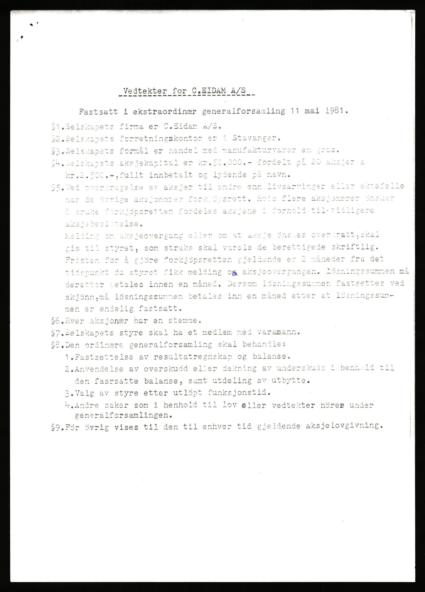Stavanger byfogd, AV/SAST-A-101408/002/J/Jd/Jde/L0034: Registreringsmeldinger og bilag. Aksjeselskap, 99-165, 1915-1961, p. 10