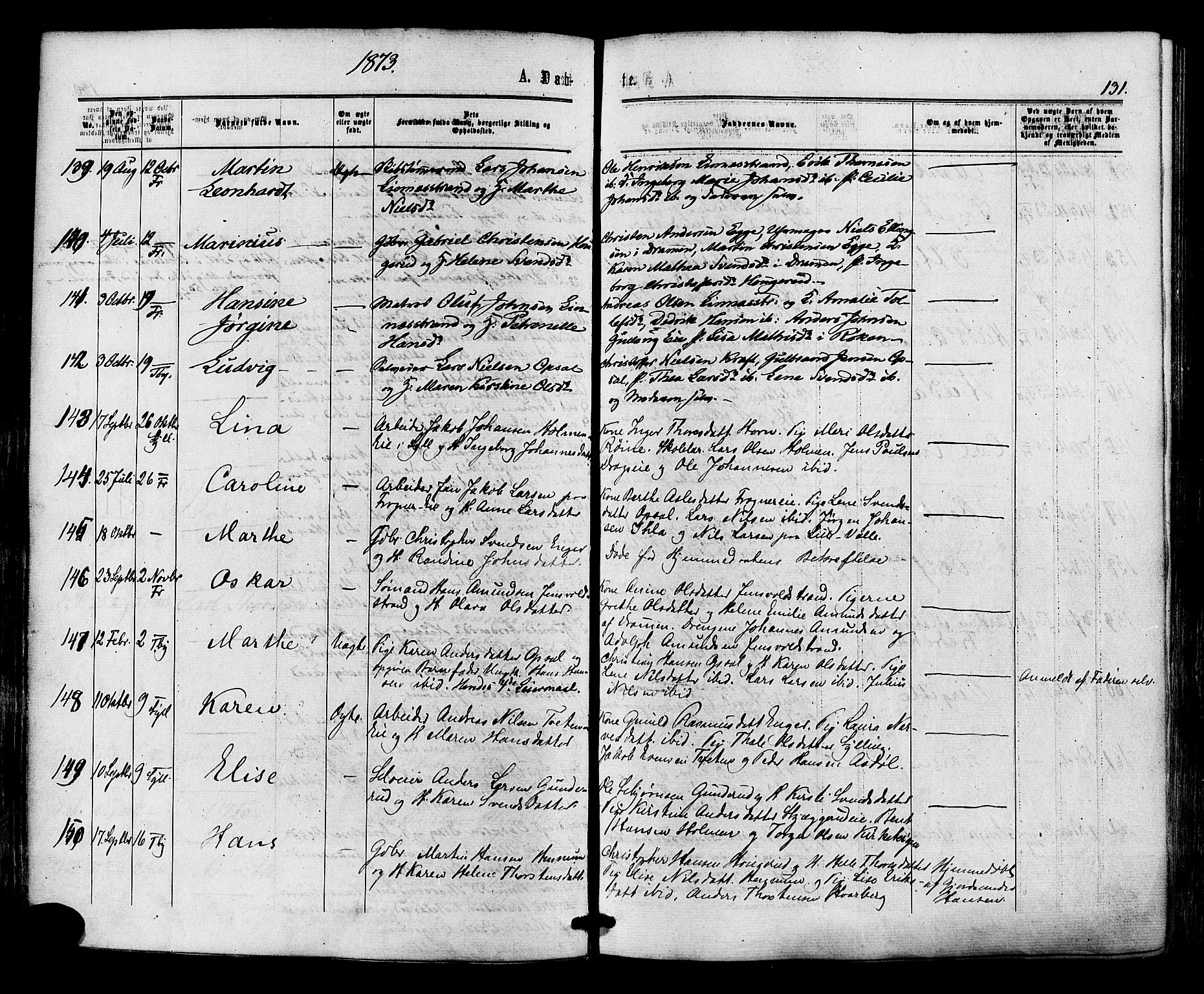 Lier kirkebøker, AV/SAKO-A-230/F/Fa/L0013: Parish register (official) no. I 13, 1865-1874, p. 131