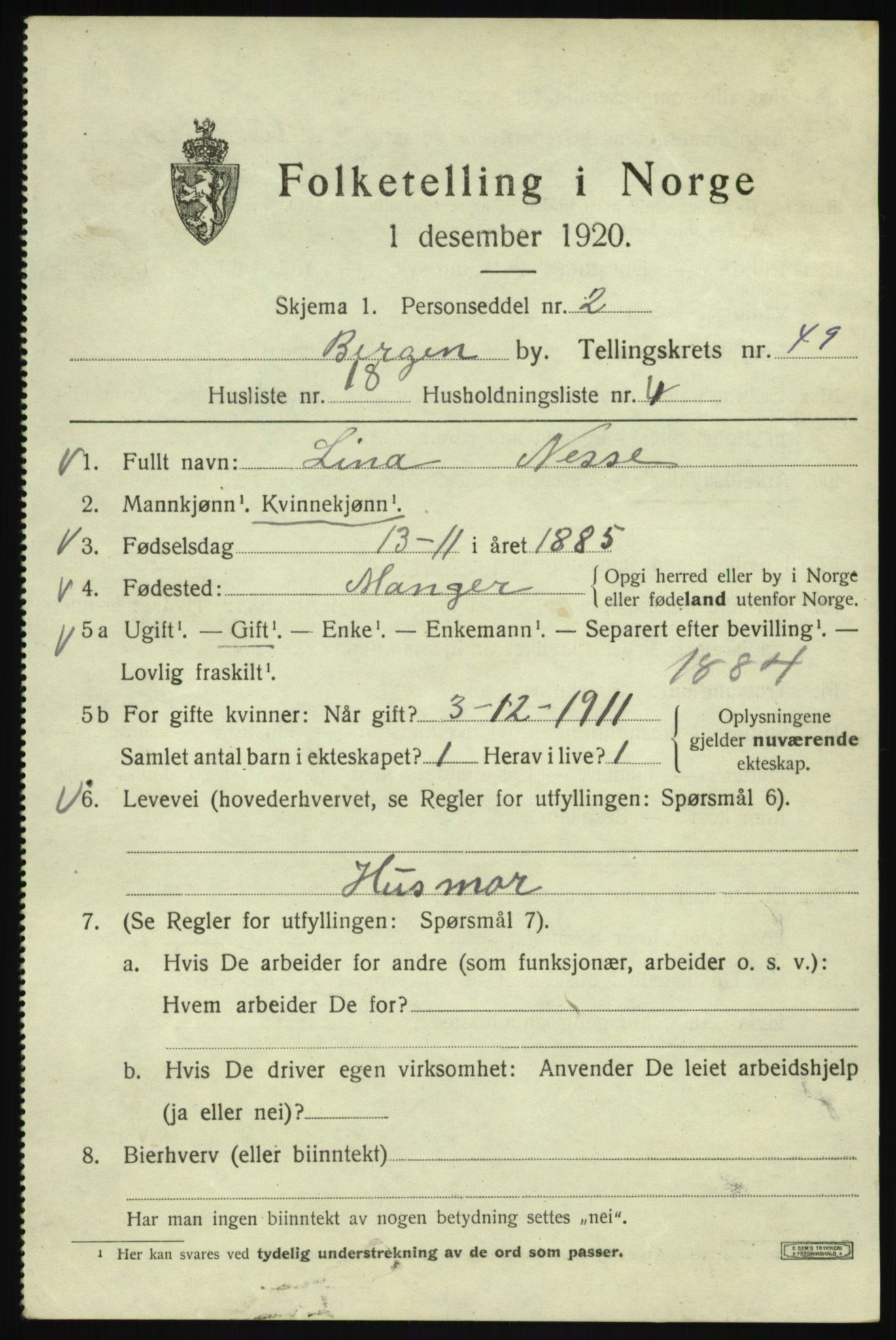 SAB, 1920 census for Bergen, 1920, p. 118409