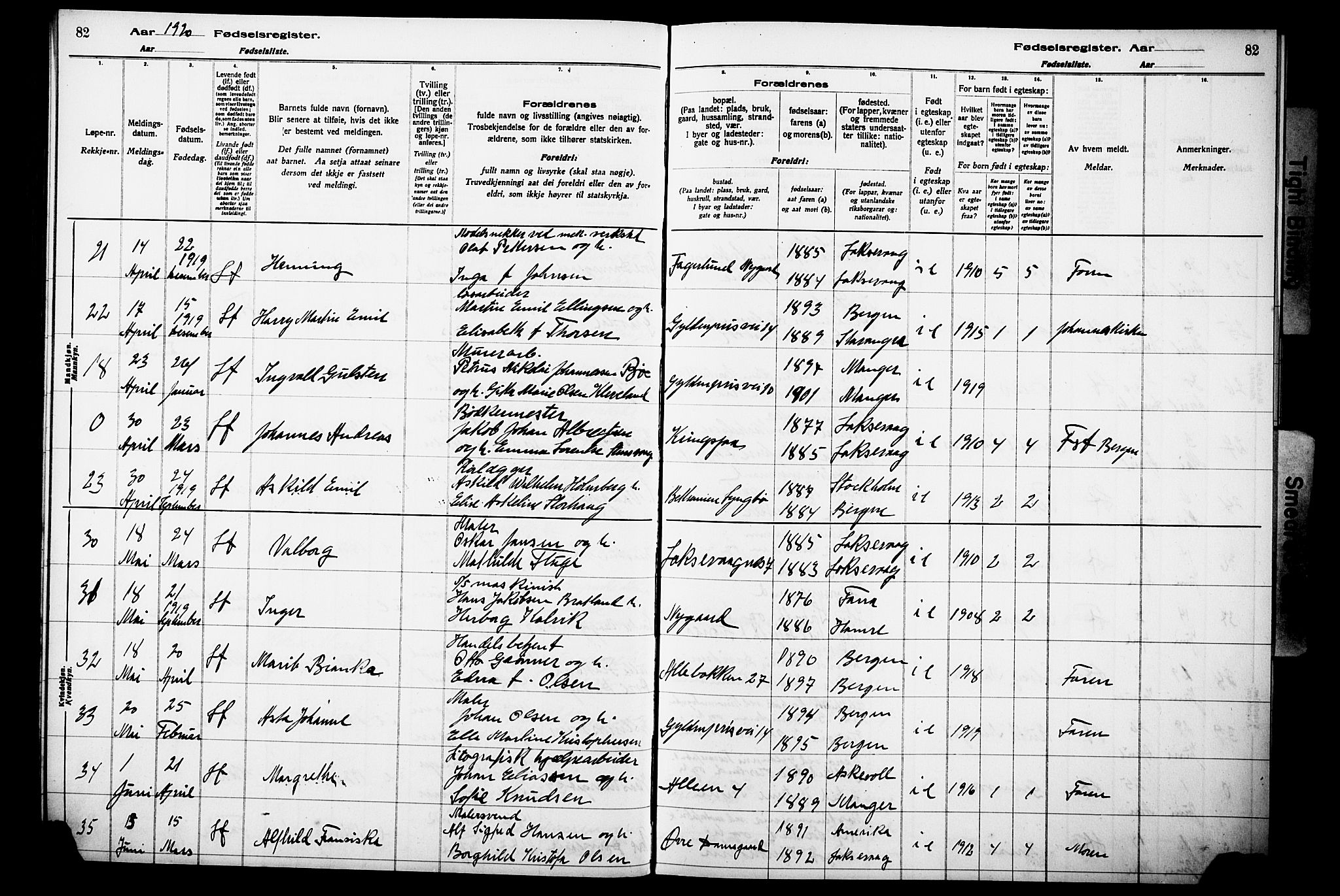 Laksevåg Sokneprestembete, AV/SAB-A-76501/I/Id/L00A1: Birth register no. A 1, 1916-1926, p. 82