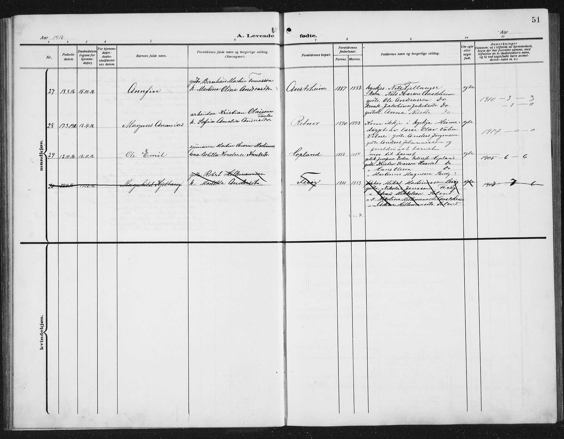 Lindås Sokneprestembete, SAB/A-76701/H/Hab: Parish register (copy) no. C 5, 1910-1927, p. 51