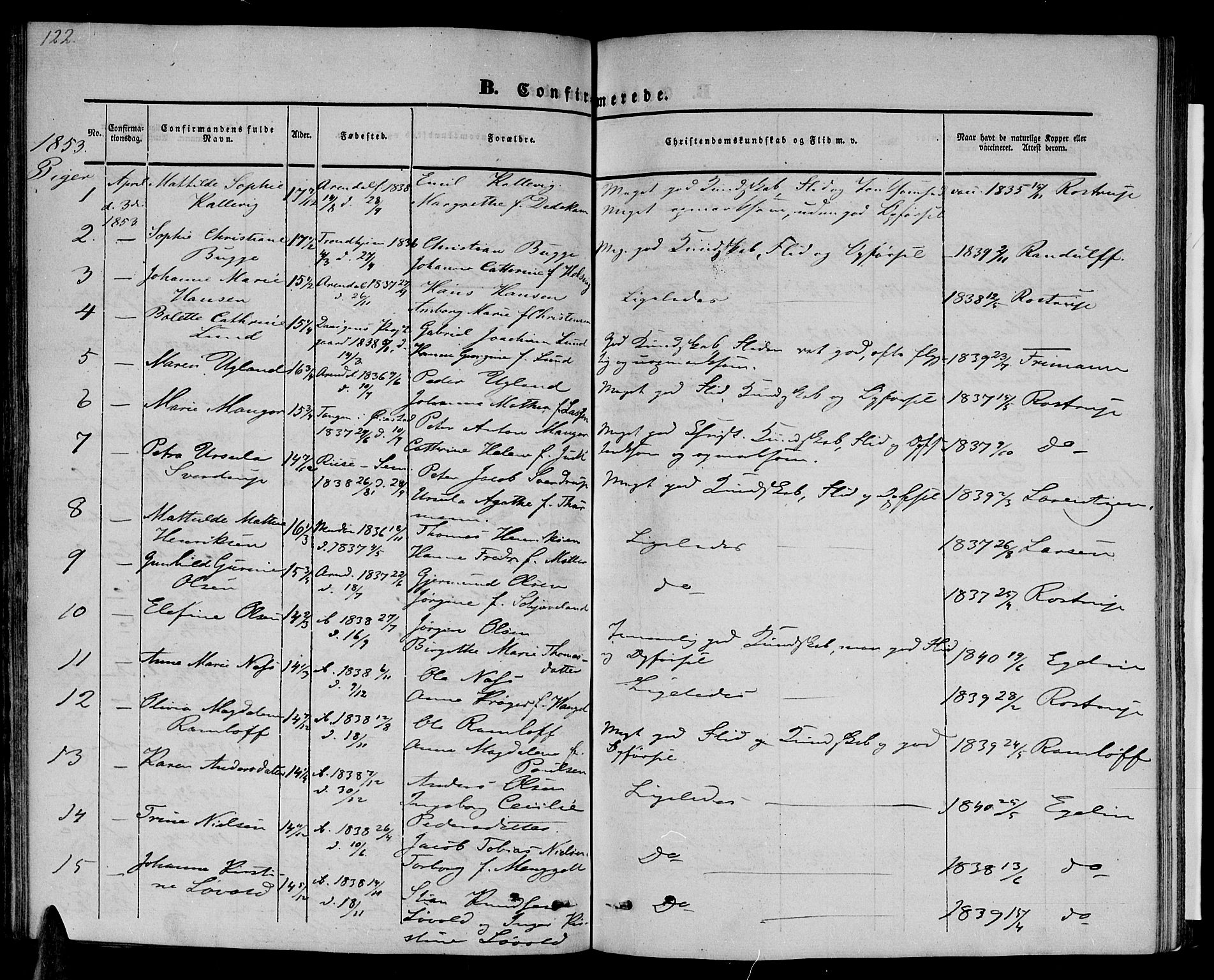 Arendal sokneprestkontor, Trefoldighet, AV/SAK-1111-0040/F/Fb/L0002: Parish register (copy) no. B 2, 1838-1860, p. 122