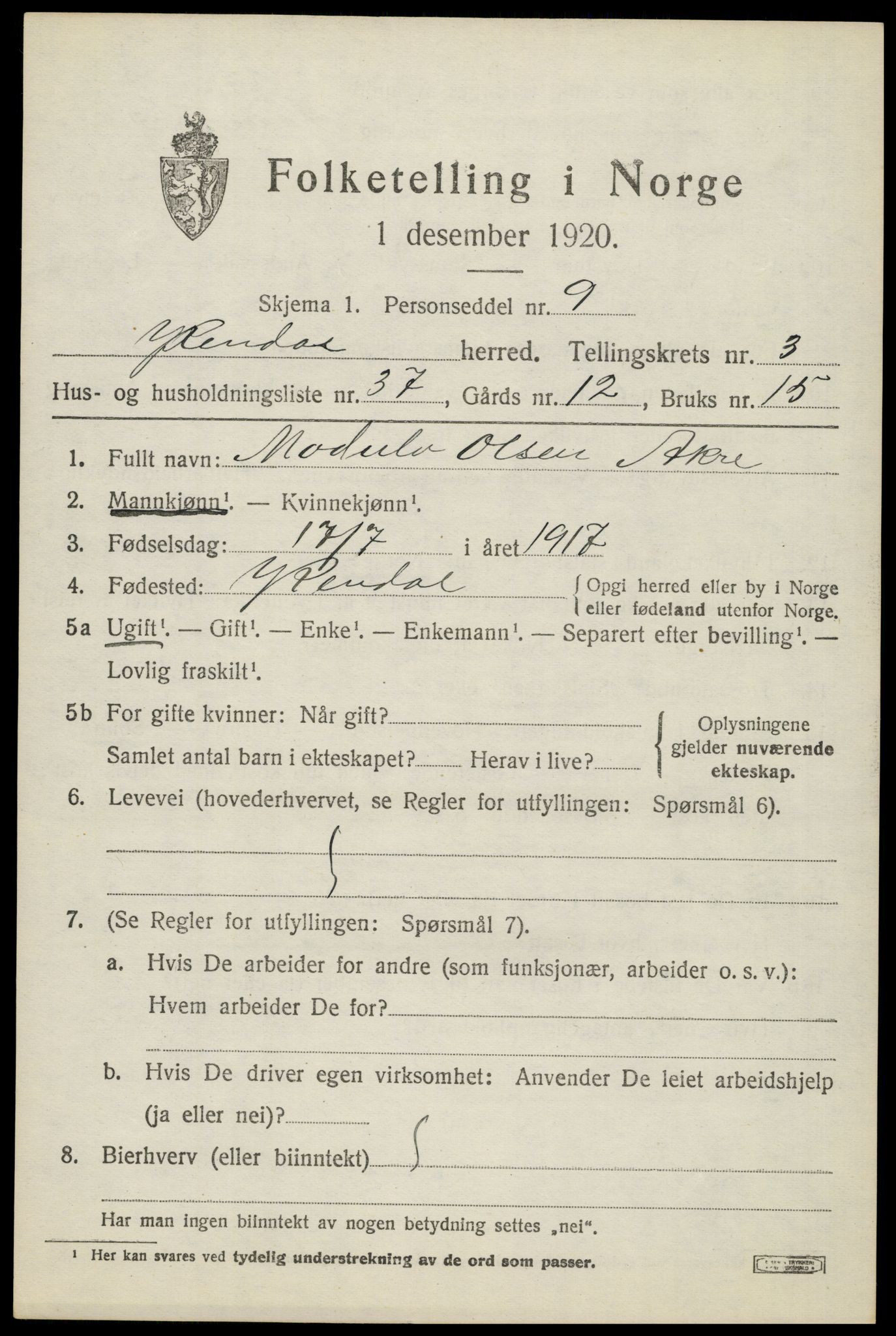 SAH, 1920 census for Ytre Rendal, 1920, p. 2039