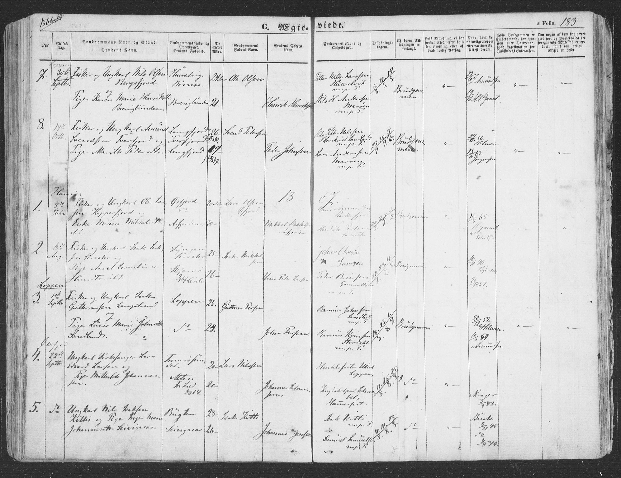 Loppa sokneprestkontor, SATØ/S-1339/H/Ha/L0004kirke: Parish register (official) no. 4, 1849-1868, p. 183