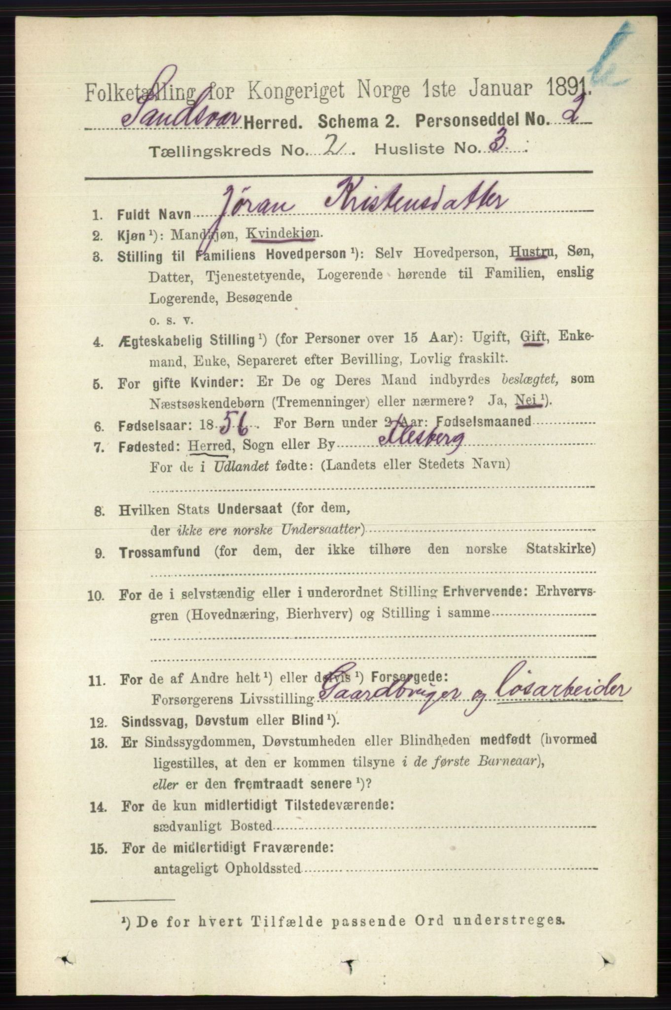 RA, 1891 census for 0629 Sandsvær, 1891, p. 5741