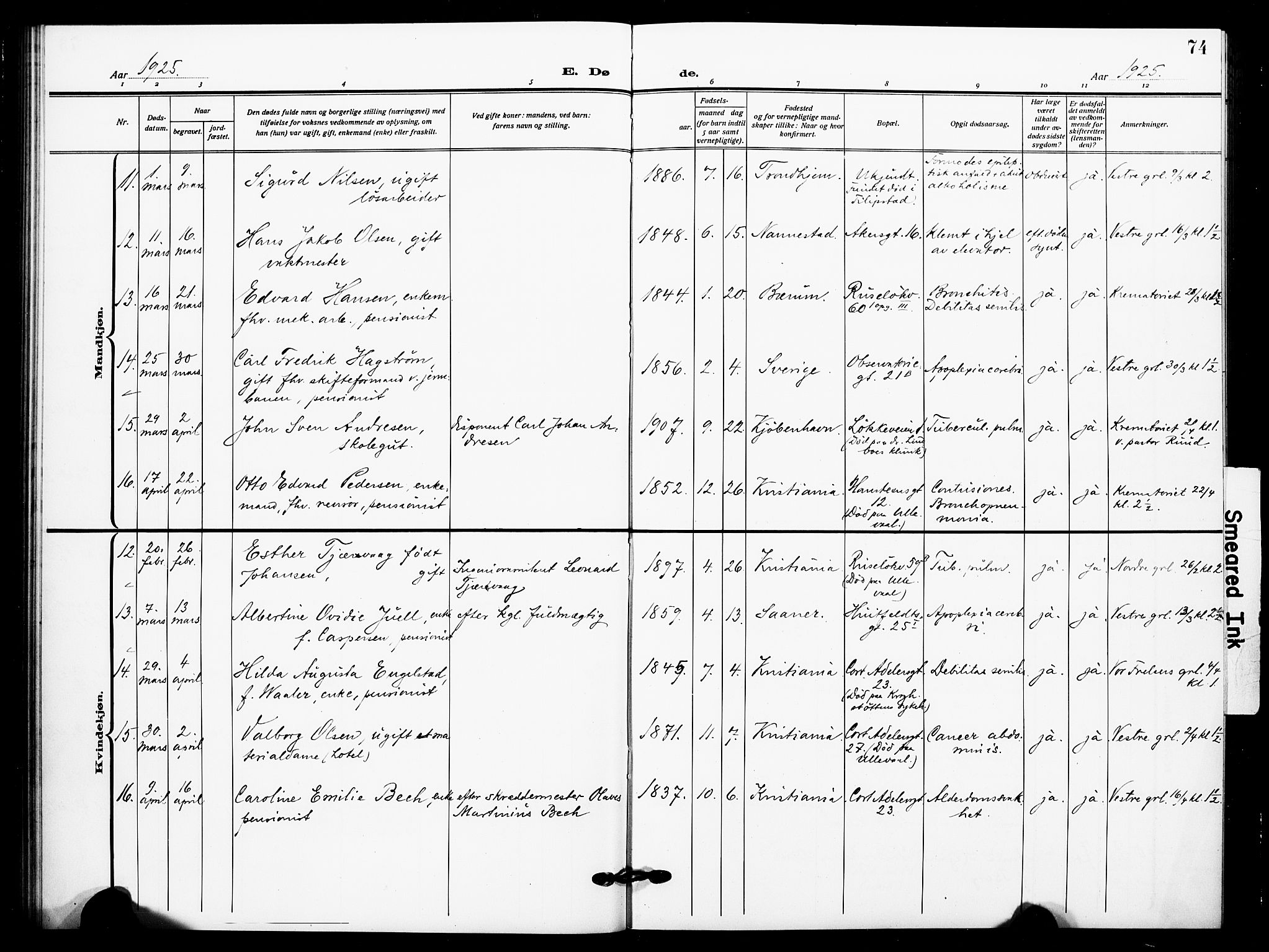 Johannes prestekontor Kirkebøker, AV/SAO-A-10852/F/Fa/L0012: Parish register (official) no. 12, 1918-1930, p. 74