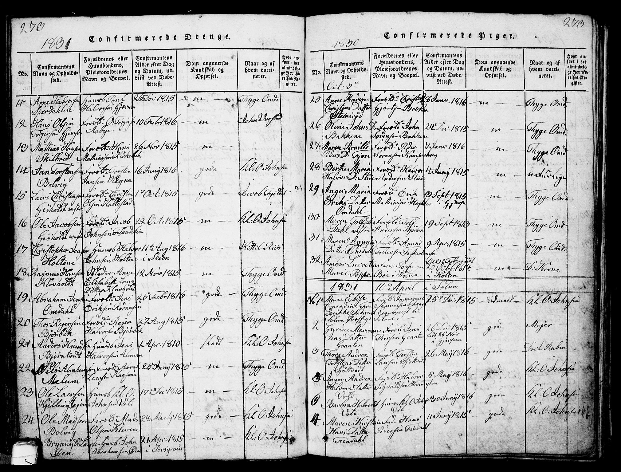 Solum kirkebøker, SAKO/A-306/G/Ga/L0001: Parish register (copy) no. I 1, 1814-1833, p. 273