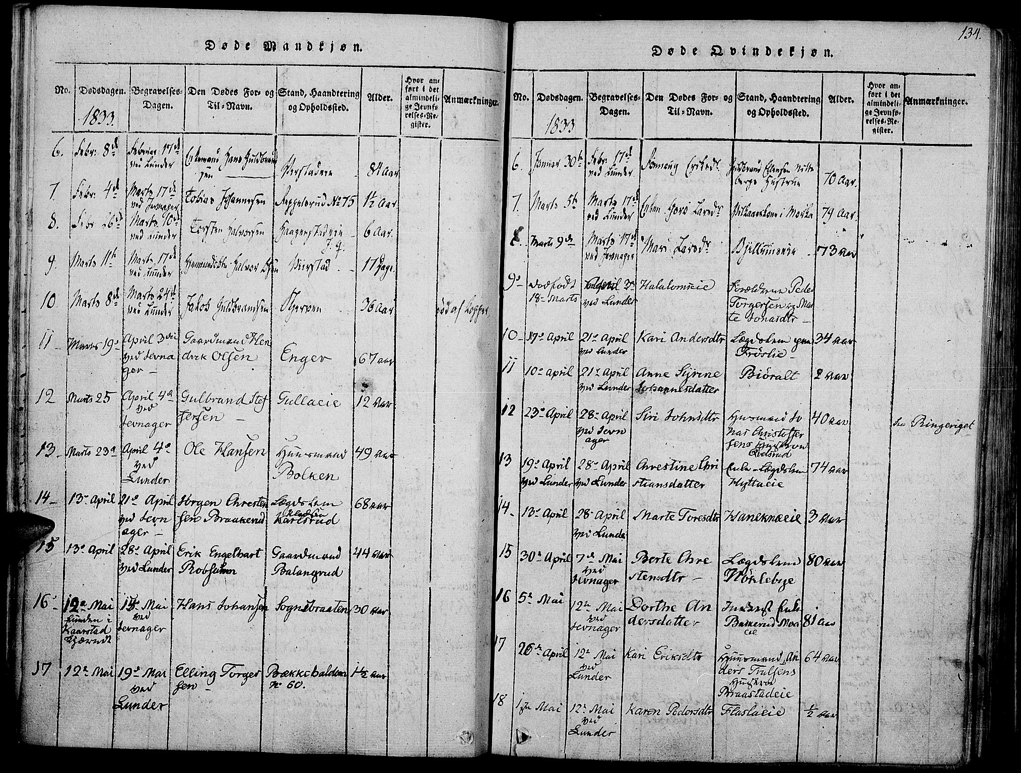 Jevnaker prestekontor, AV/SAH-PREST-116/H/Ha/Haa/L0005: Parish register (official) no. 5, 1815-1837, p. 134