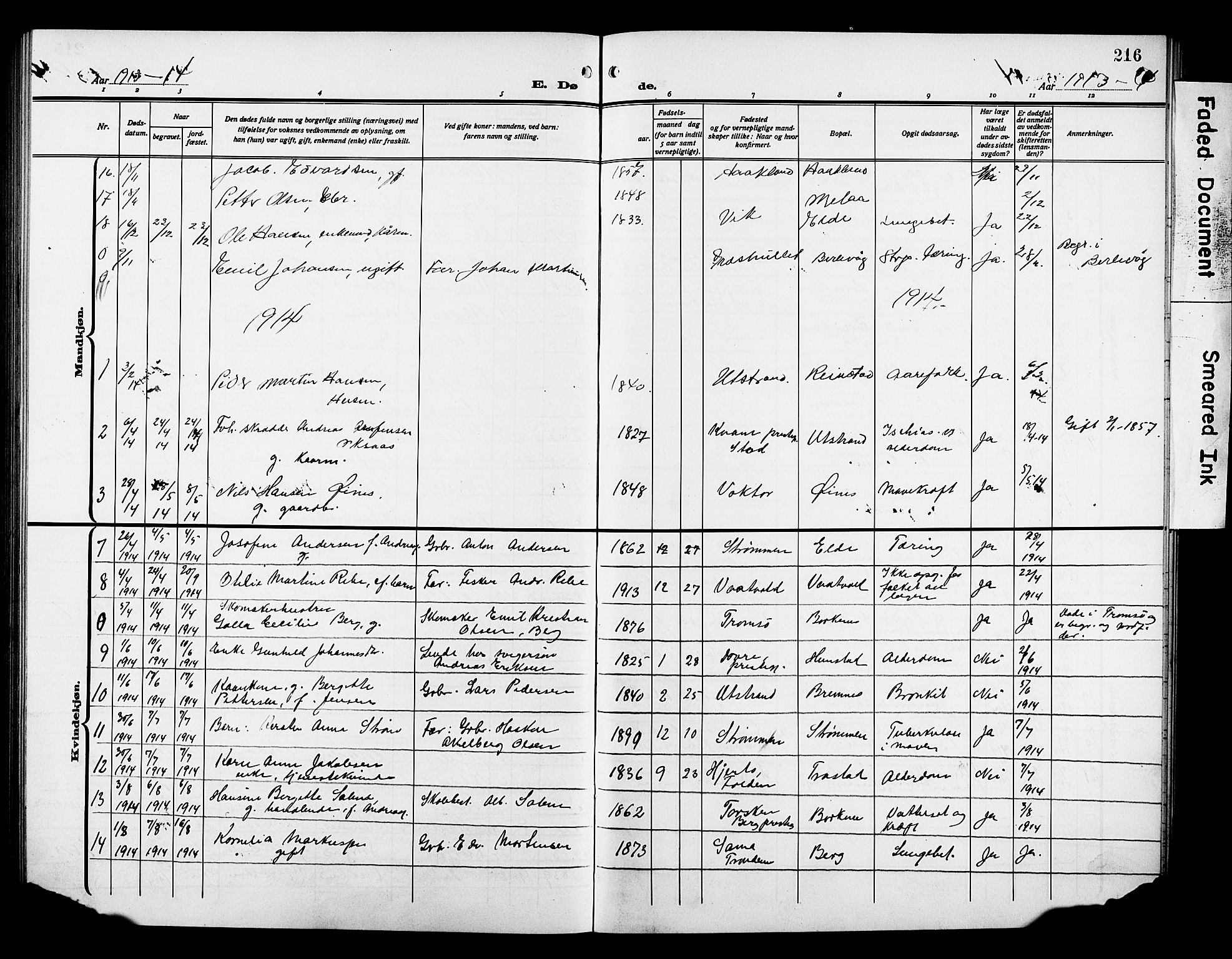 Kvæfjord sokneprestkontor, AV/SATØ-S-1323/G/Ga/Gab/L0006klokker: Parish register (copy) no. 6, 1912-1931, p. 216