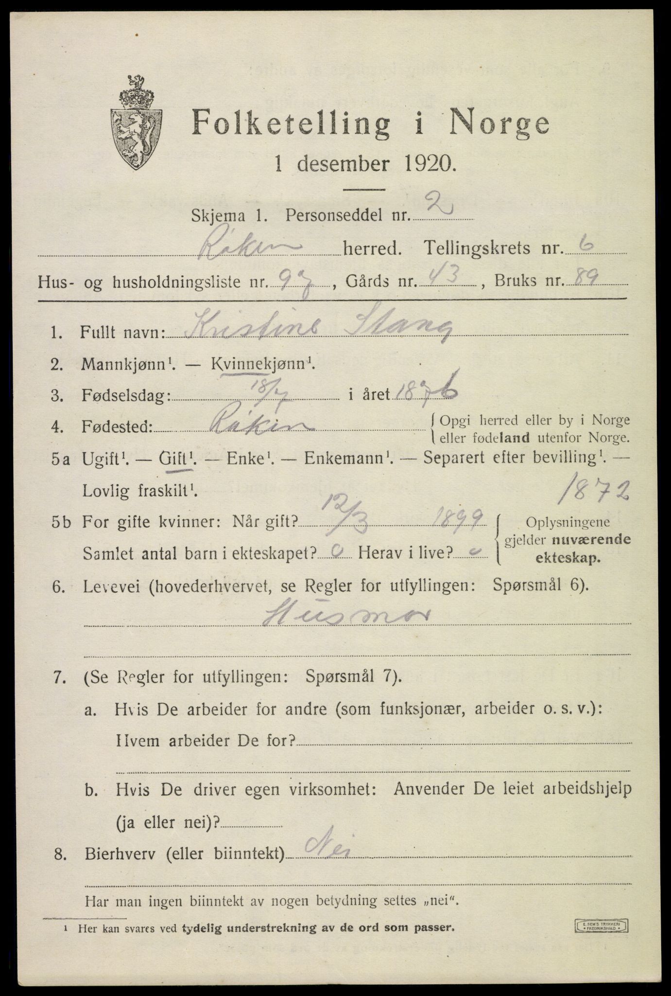 SAKO, 1920 census for Røyken, 1920, p. 10912