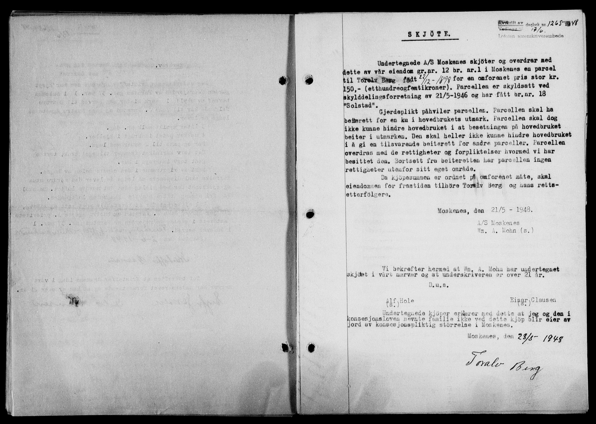 Lofoten sorenskriveri, SAT/A-0017/1/2/2C/L0018a: Mortgage book no. 18a, 1948-1948, Diary no: : 1265/1948