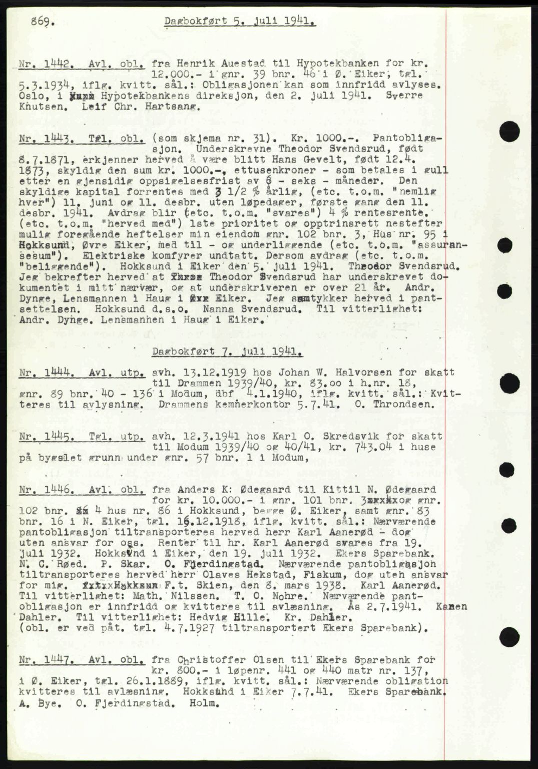 Eiker, Modum og Sigdal sorenskriveri, SAKO/A-123/G/Ga/Gab/L0043: Mortgage book no. A13, 1940-1941, Diary no: : 1442/1941