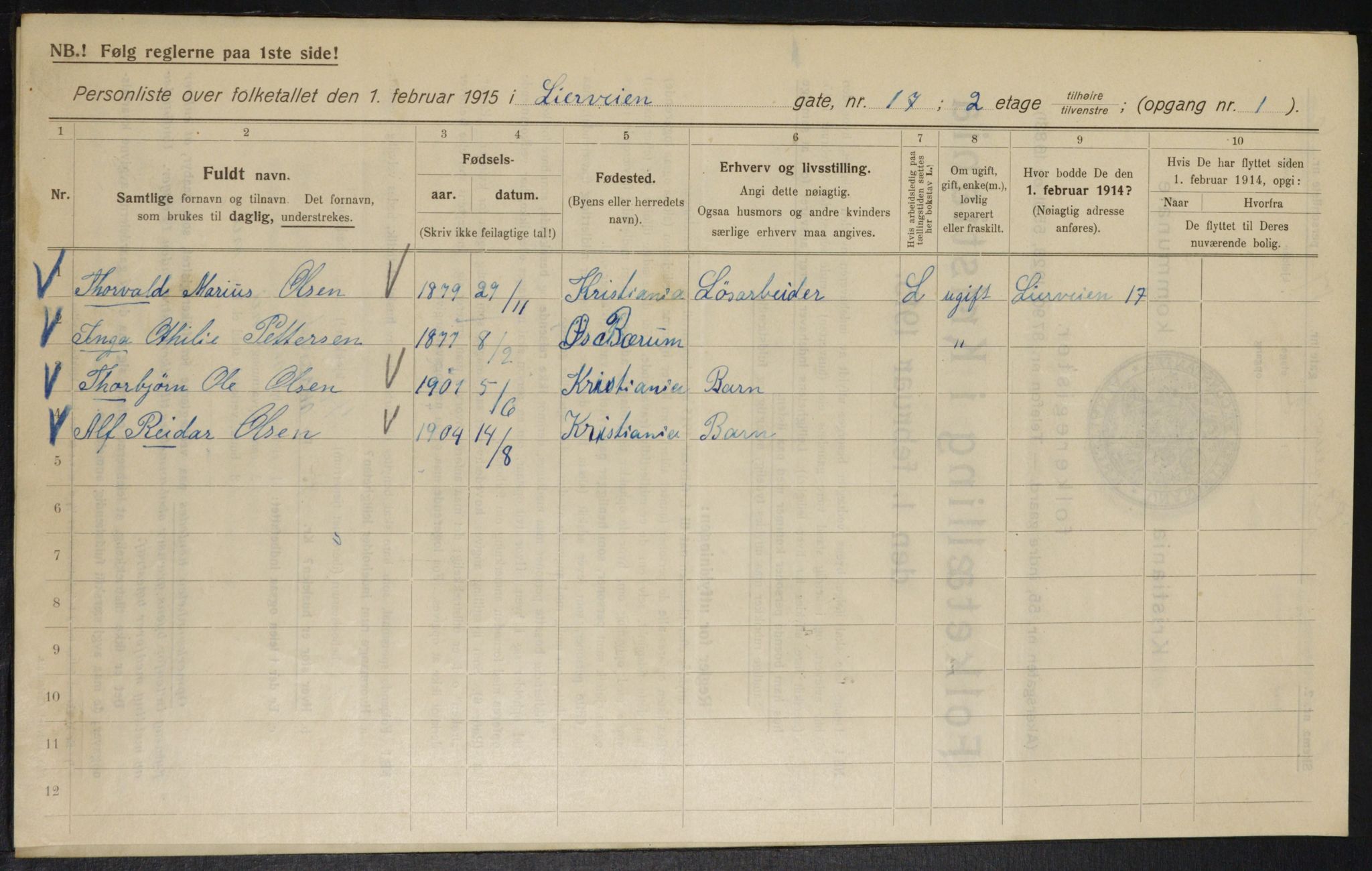 OBA, Municipal Census 1915 for Kristiania, 1915, p. 57025