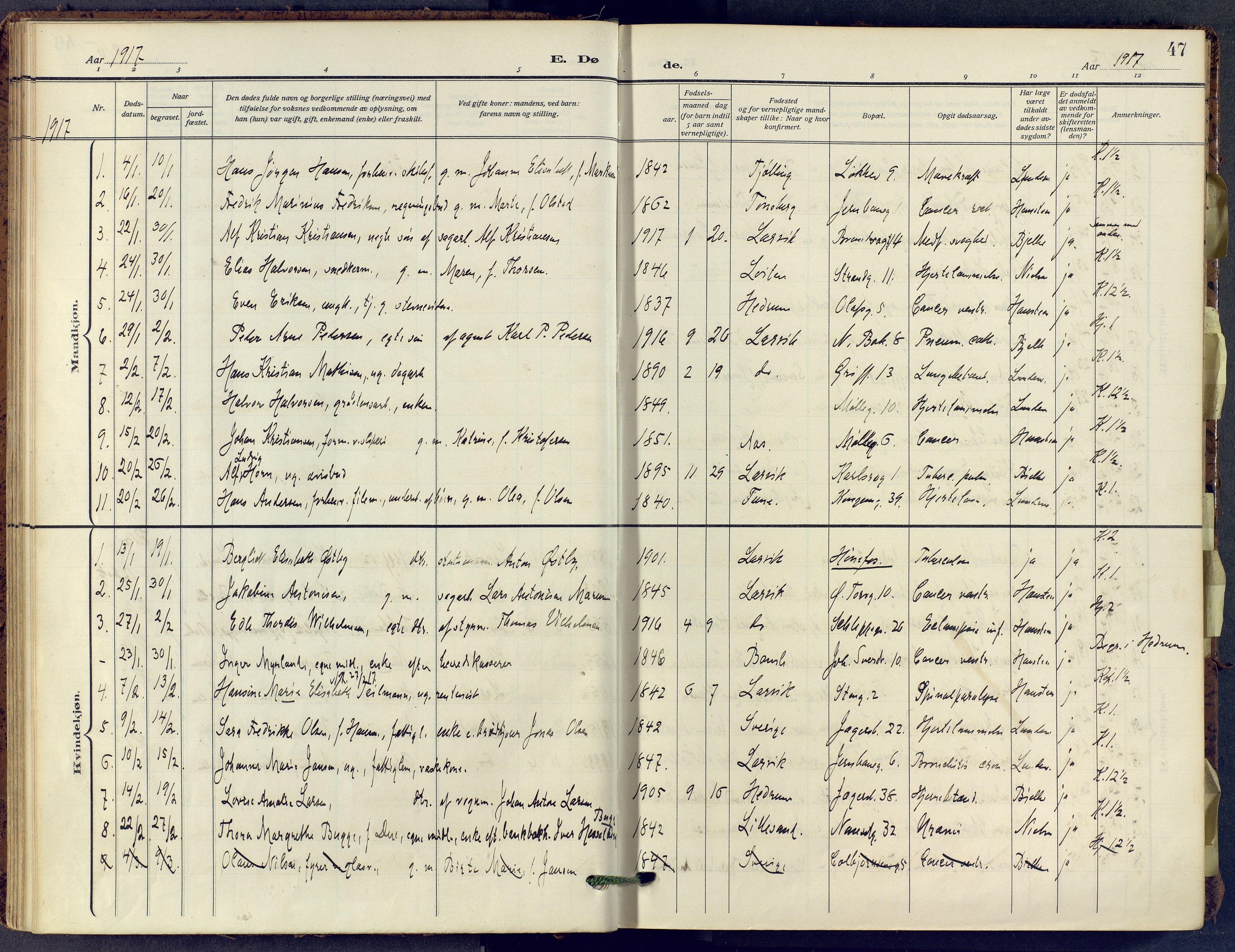 Larvik kirkebøker, SAKO/A-352/F/Fa/L0013: Parish register (official) no. I 13, 1910-1960, p. 47