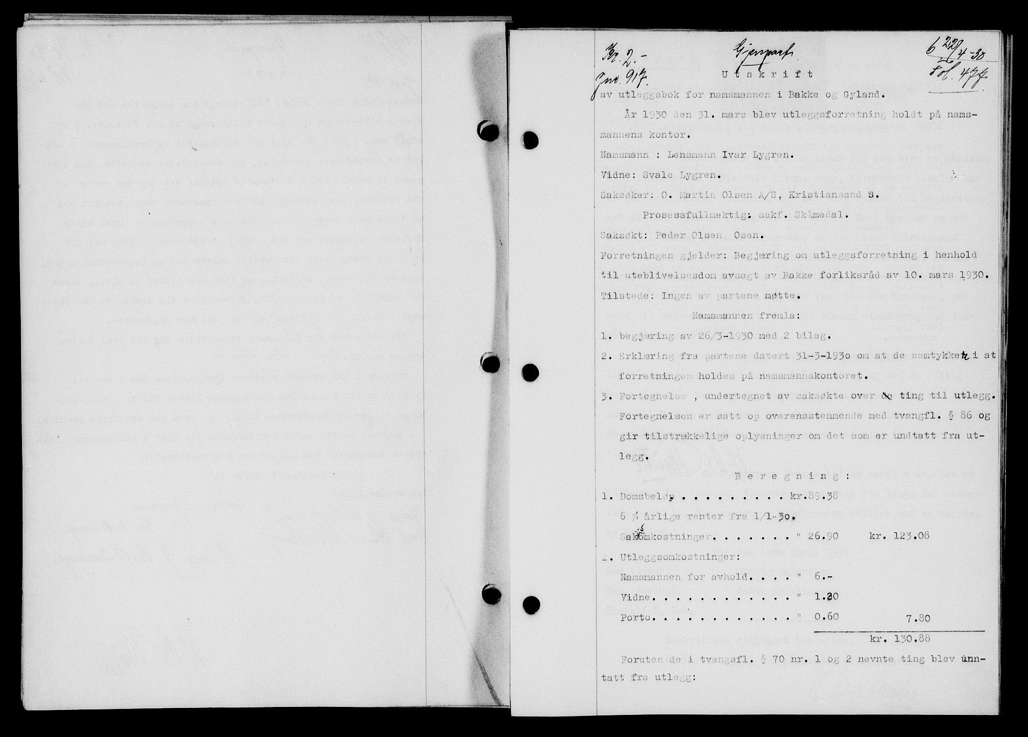 Flekkefjord sorenskriveri, SAK/1221-0001/G/Gb/Gba/L0045: Mortgage book no. 43, 1929-1930, Deed date: 22.04.1930