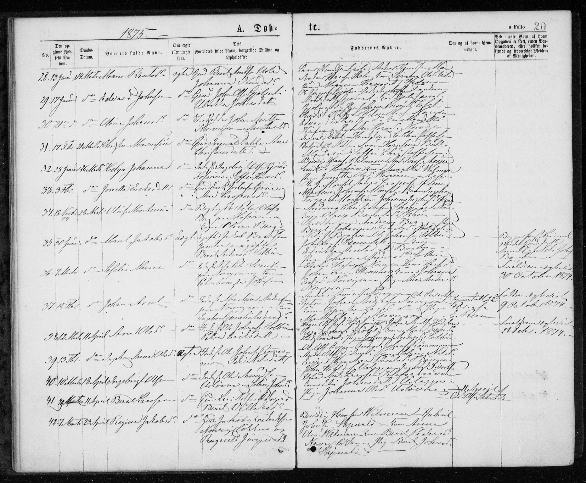 Ministerialprotokoller, klokkerbøker og fødselsregistre - Sør-Trøndelag, SAT/A-1456/668/L0817: Parish register (copy) no. 668C06, 1873-1884, p. 20