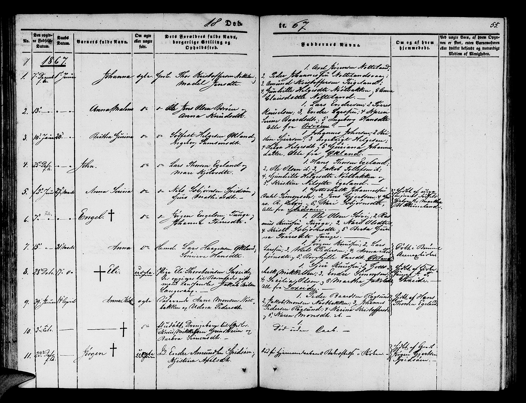 Finnås sokneprestembete, SAB/A-99925/H/Ha/Hab/Haba/L0001: Parish register (copy) no. A 1, 1851-1873, p. 55