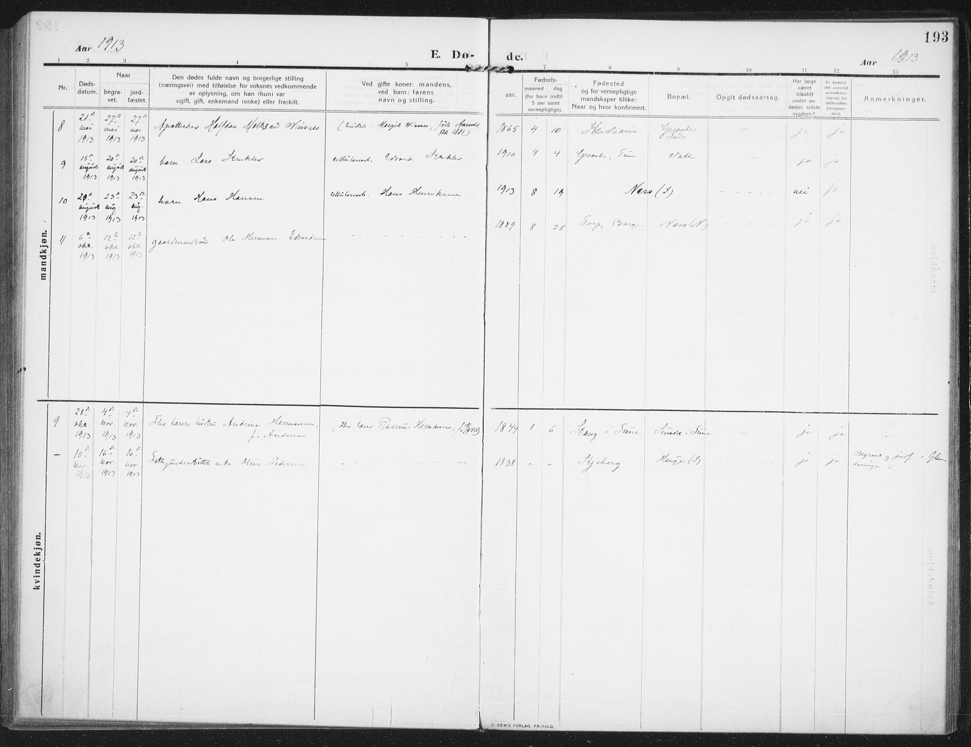 Rolvsøy prestekontor Kirkebøker, SAO/A-2004/F/Fa/L0002: Parish register (official) no. 2, 1909-1917, p. 193