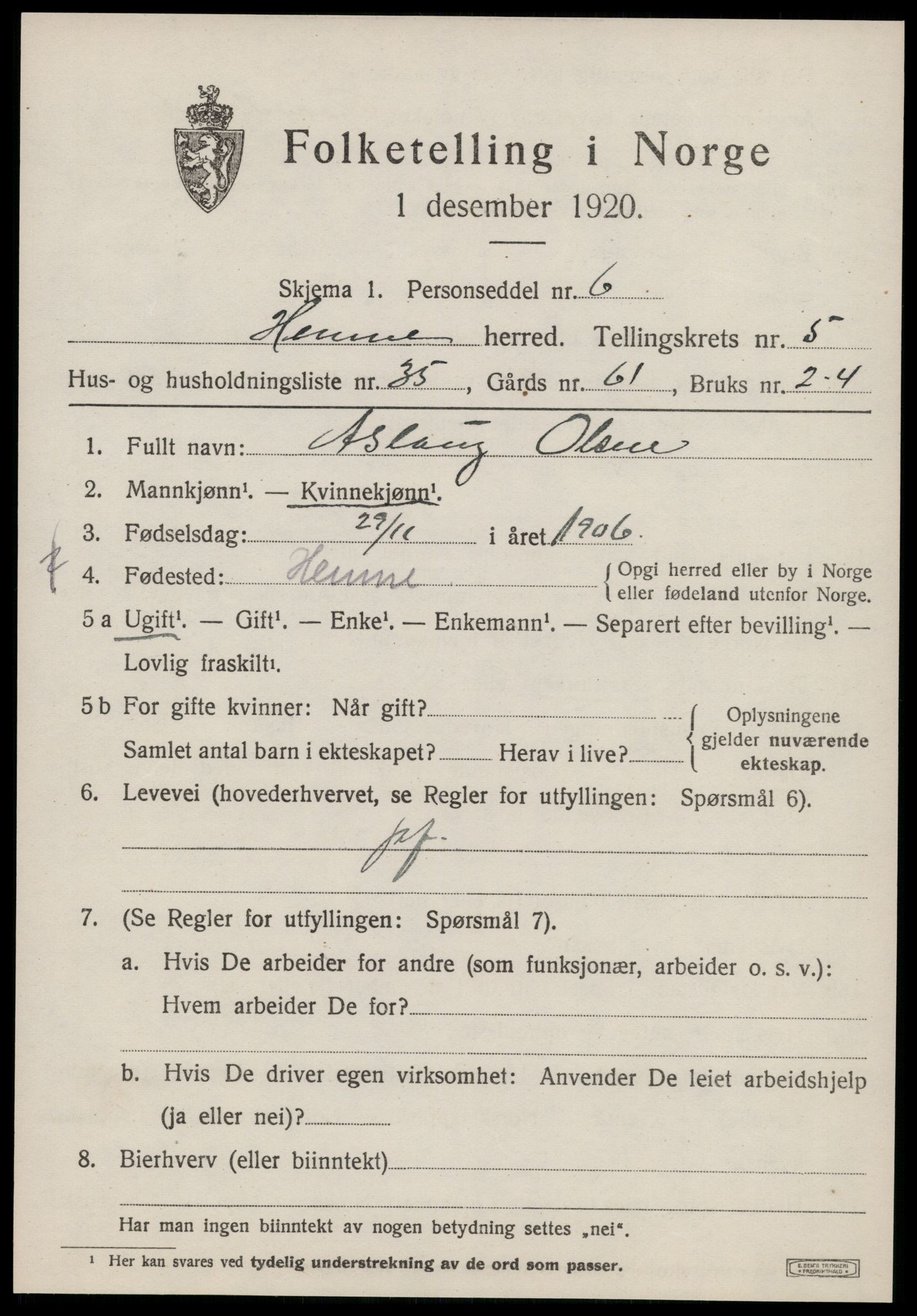 SAT, 1920 census for Hemne, 1920, p. 3512