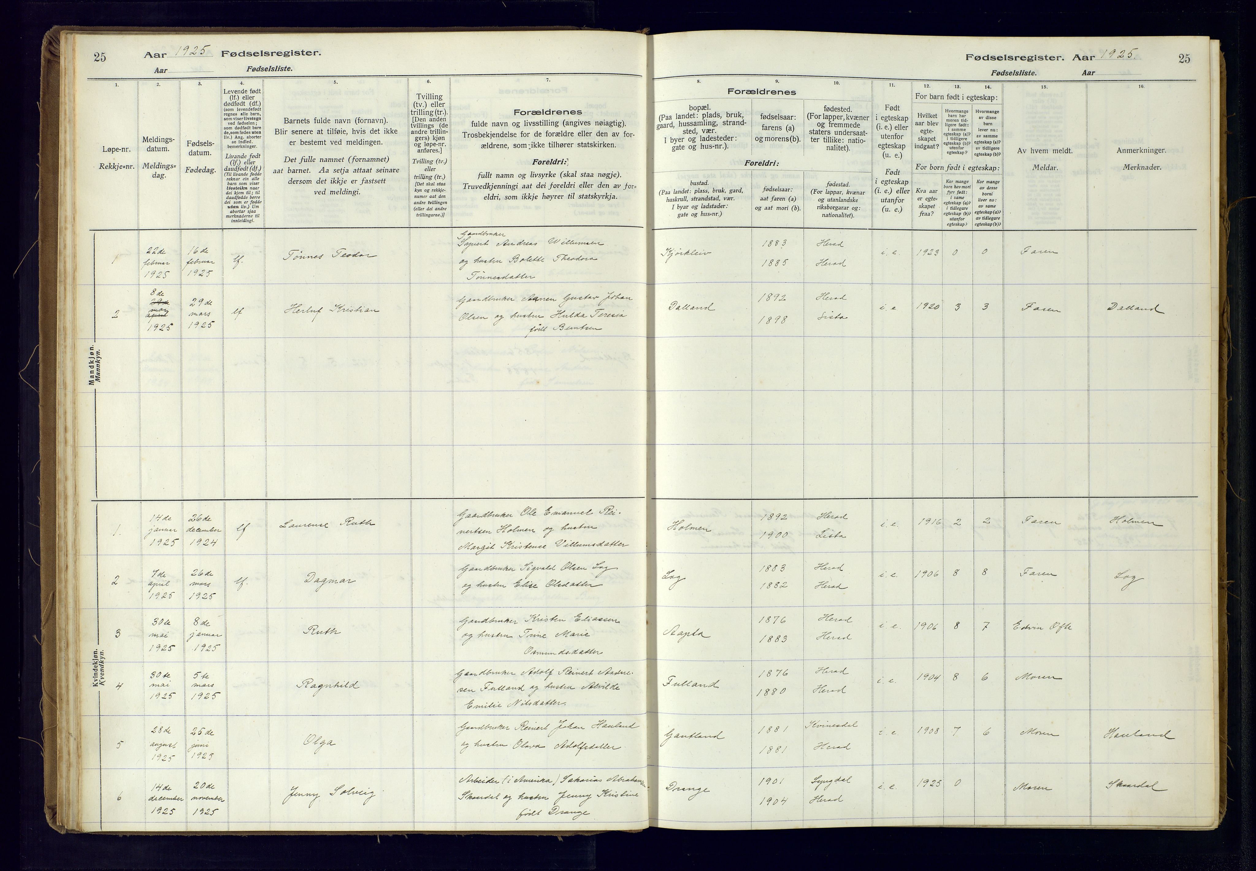 Herad sokneprestkontor, AV/SAK-1111-0018/J/Ja/L0001: Birth register no. A-VI-12, 1916-1981, p. 25