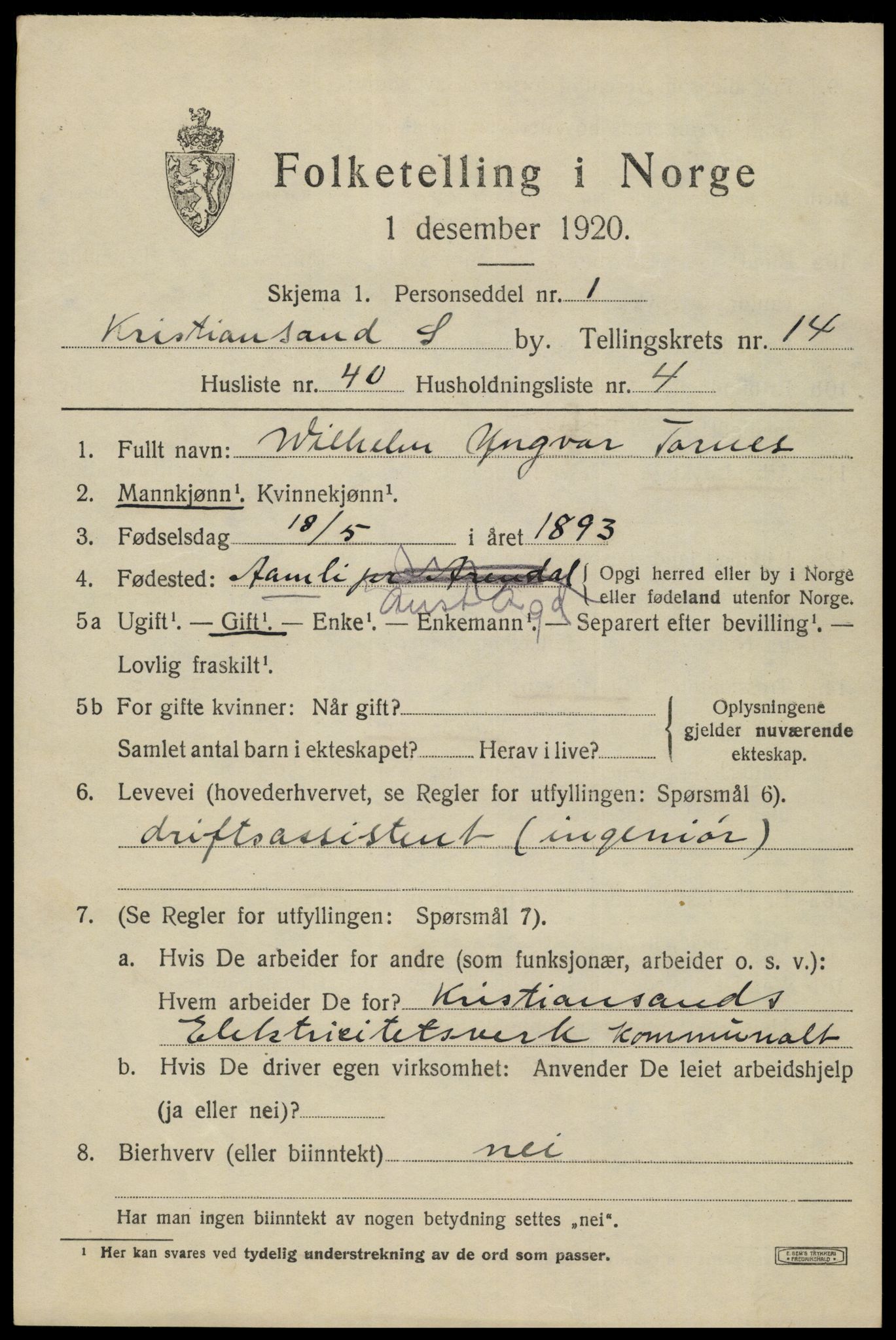 SAK, 1920 census for Kristiansand, 1920, p. 29487