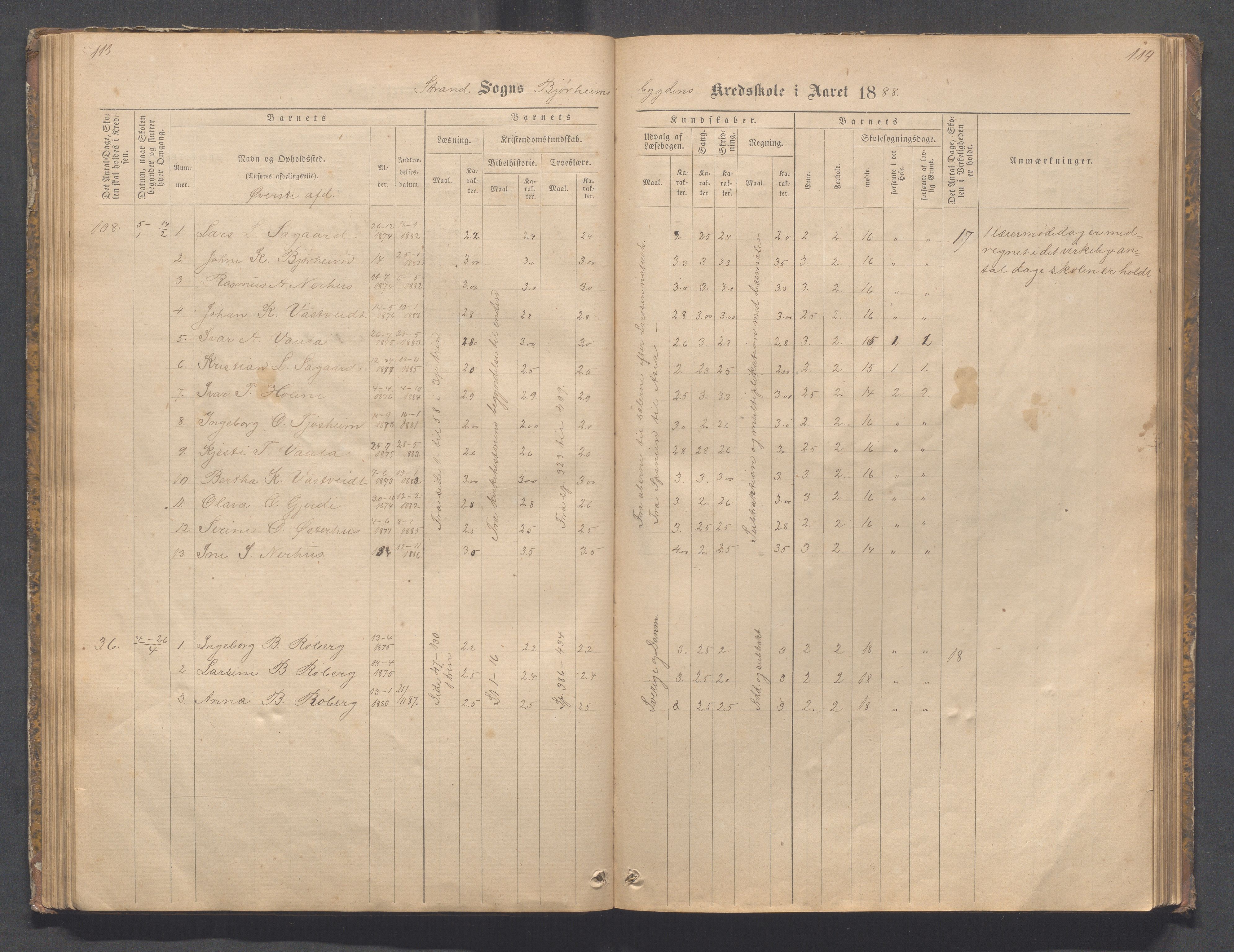 Strand kommune - Bjørheimsbygd skole, IKAR/A-147/H/L0001: Skoleprotokoll for Bjørheimsbygd,Lekvam og Hidle krets, 1873-1884, p. 113-114