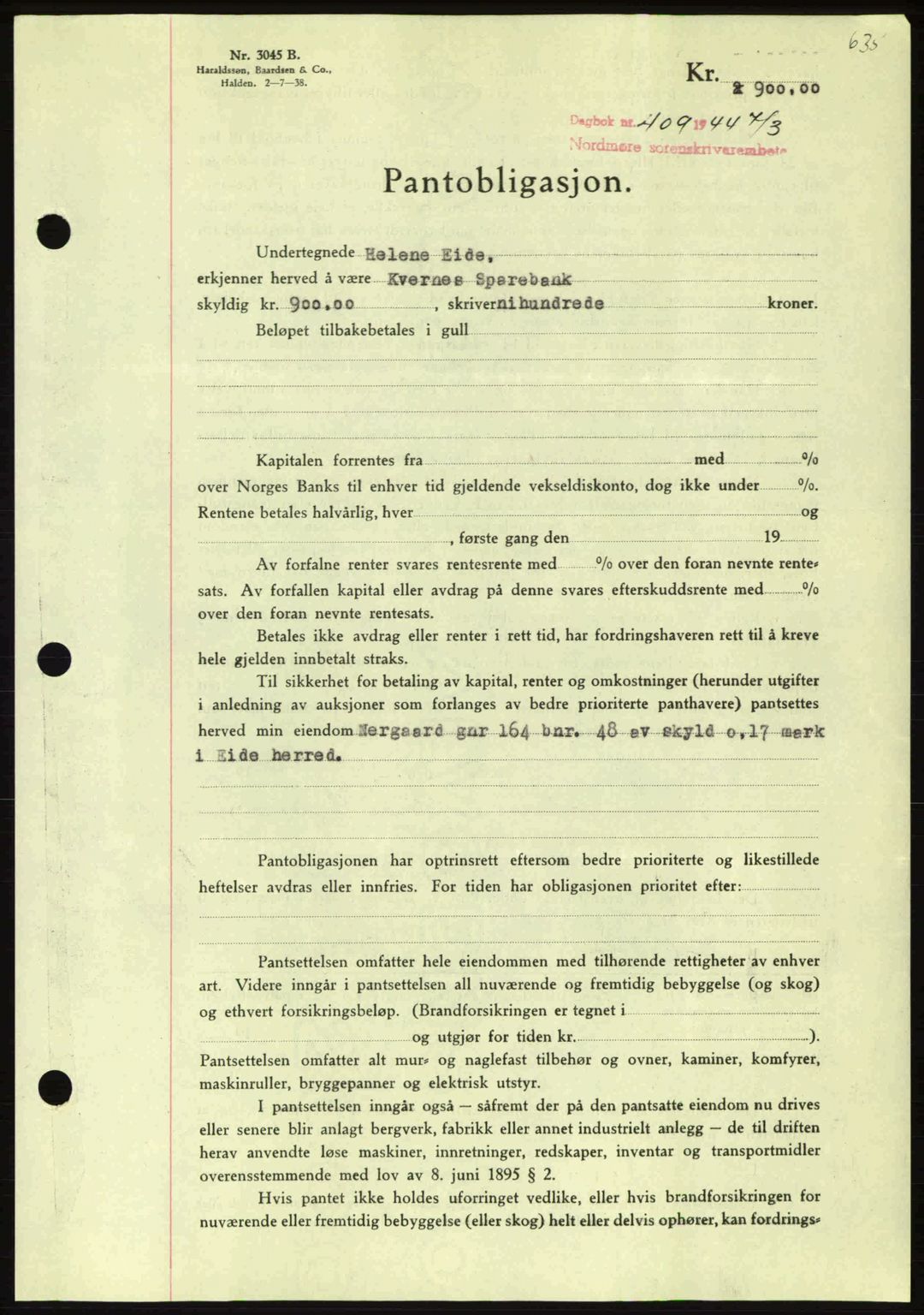 Nordmøre sorenskriveri, AV/SAT-A-4132/1/2/2Ca: Mortgage book no. B91, 1943-1944, Diary no: : 409/1944