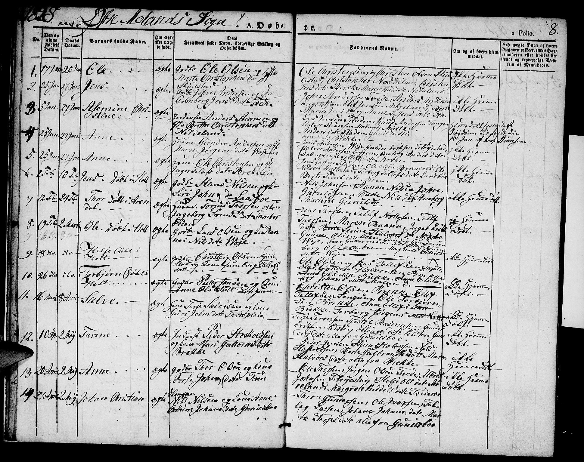 Austre Moland sokneprestkontor, AV/SAK-1111-0001/F/Fa/Faa/L0005: Parish register (official) no. A 5, 1825-1837, p. 8