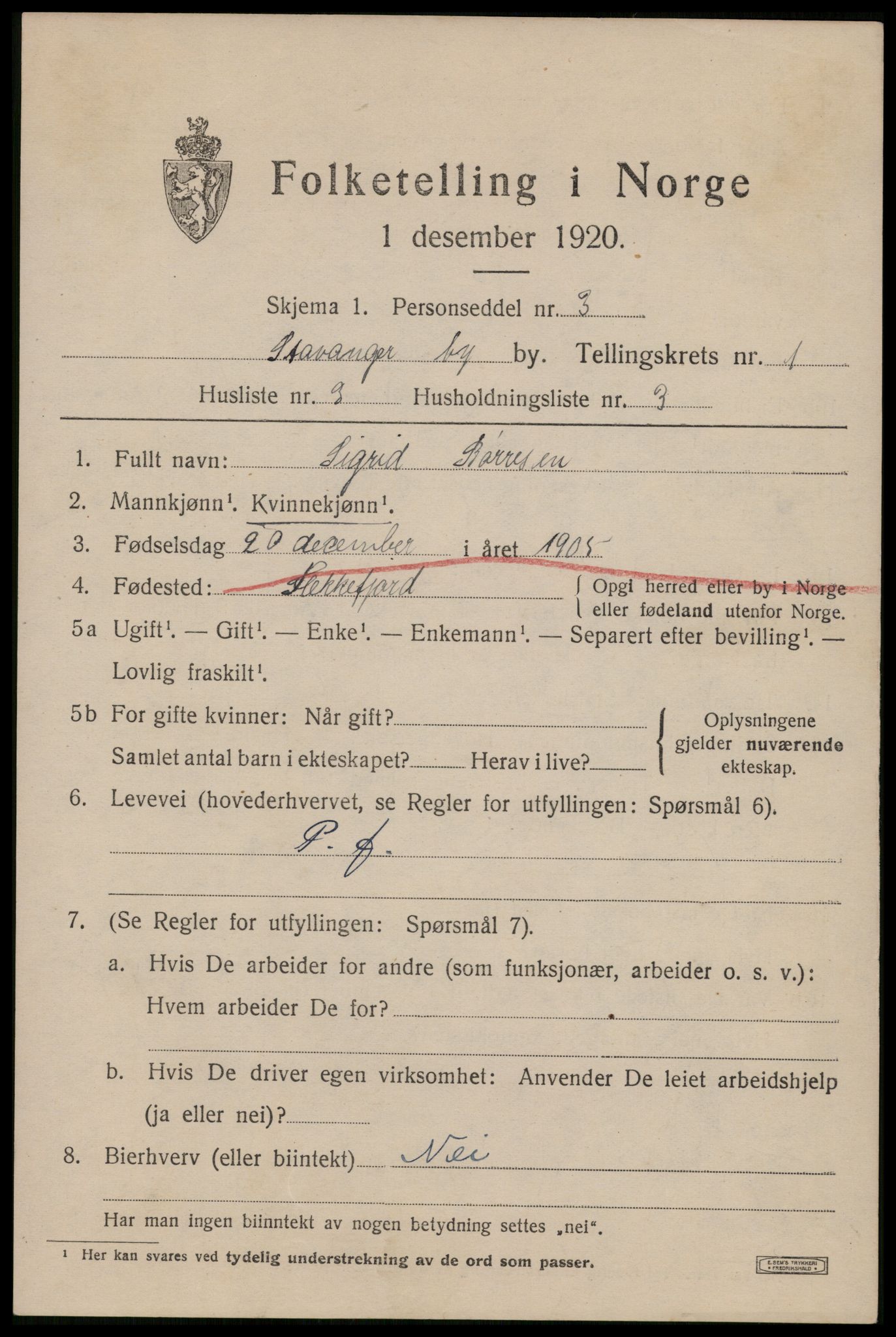 SAST, 1920 census for Stavanger, 1920, p. 108442