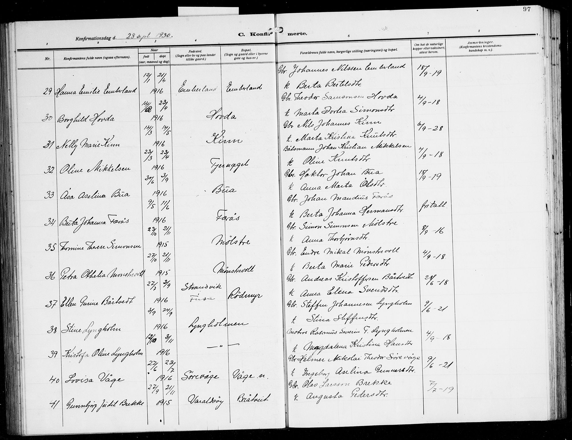 Sveio Sokneprestembete, AV/SAB-A-78501/H/Hab: Parish register (copy) no. A 6, 1927-1945, p. 97