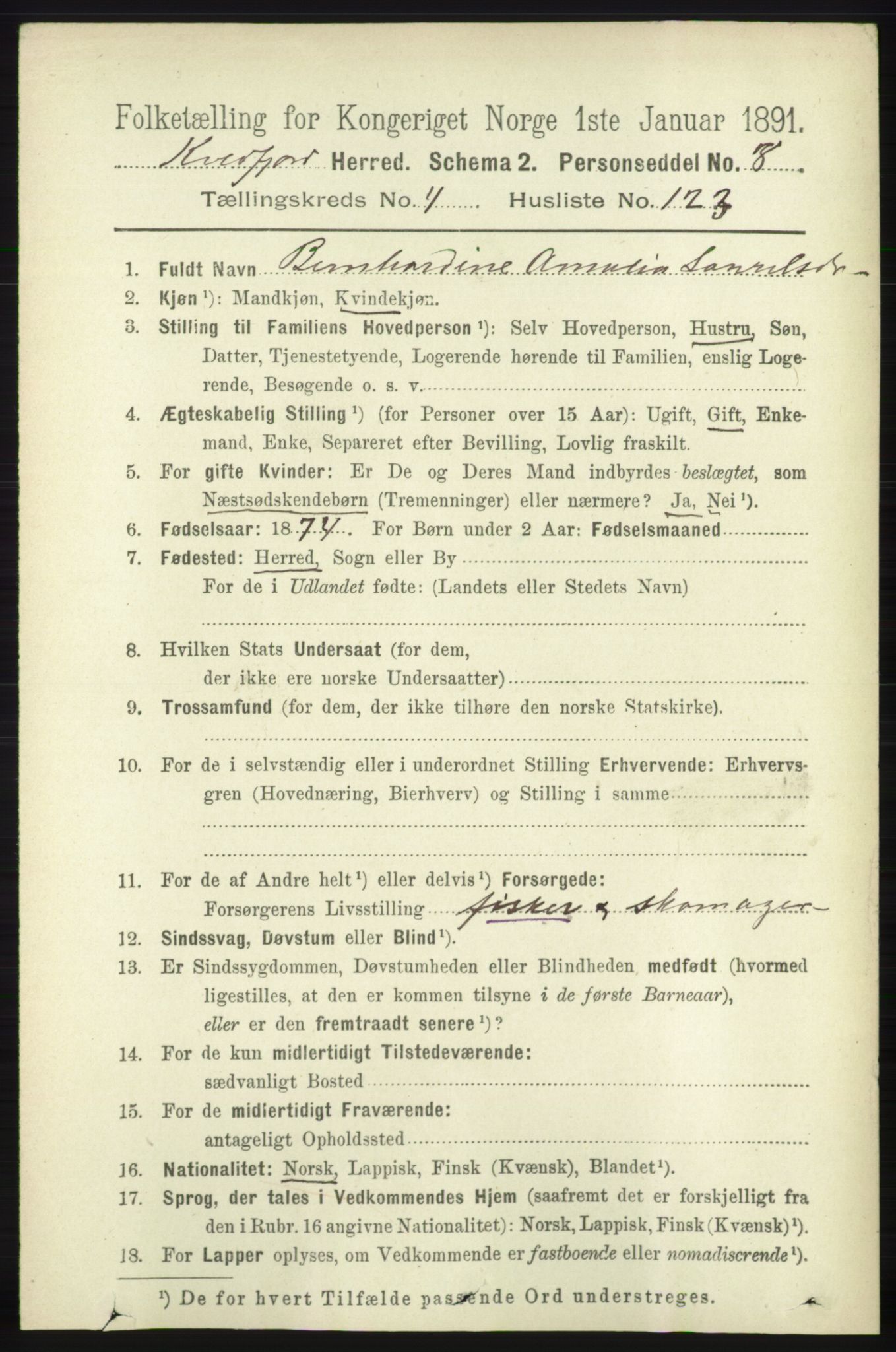 RA, 1891 census for 1911 Kvæfjord, 1891, p. 2676