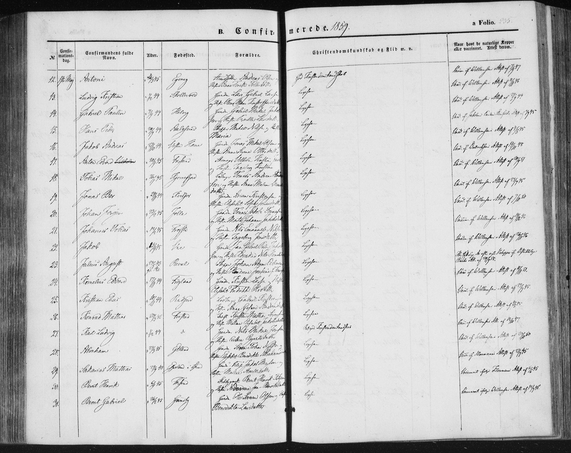 Lista sokneprestkontor, AV/SAK-1111-0027/F/Fa/L0010: Parish register (official) no. A 10, 1846-1861, p. 235