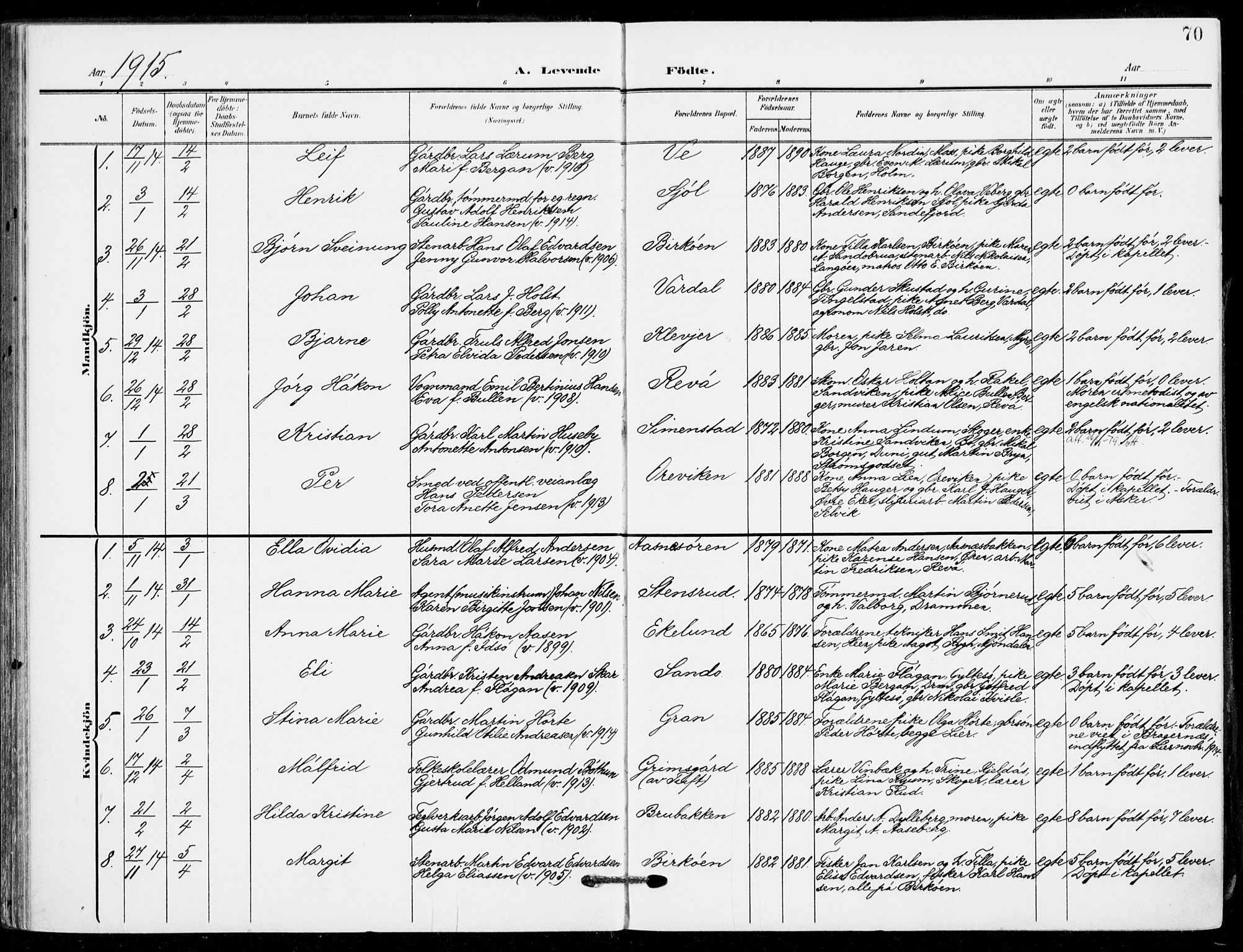 Sande Kirkebøker, AV/SAKO-A-53/F/Fa/L0008: Parish register (official) no. 8, 1904-1921, p. 70