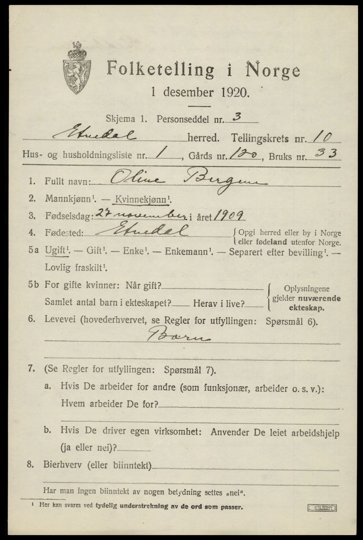 SAH, 1920 census for Etnedal, 1920, p. 4408