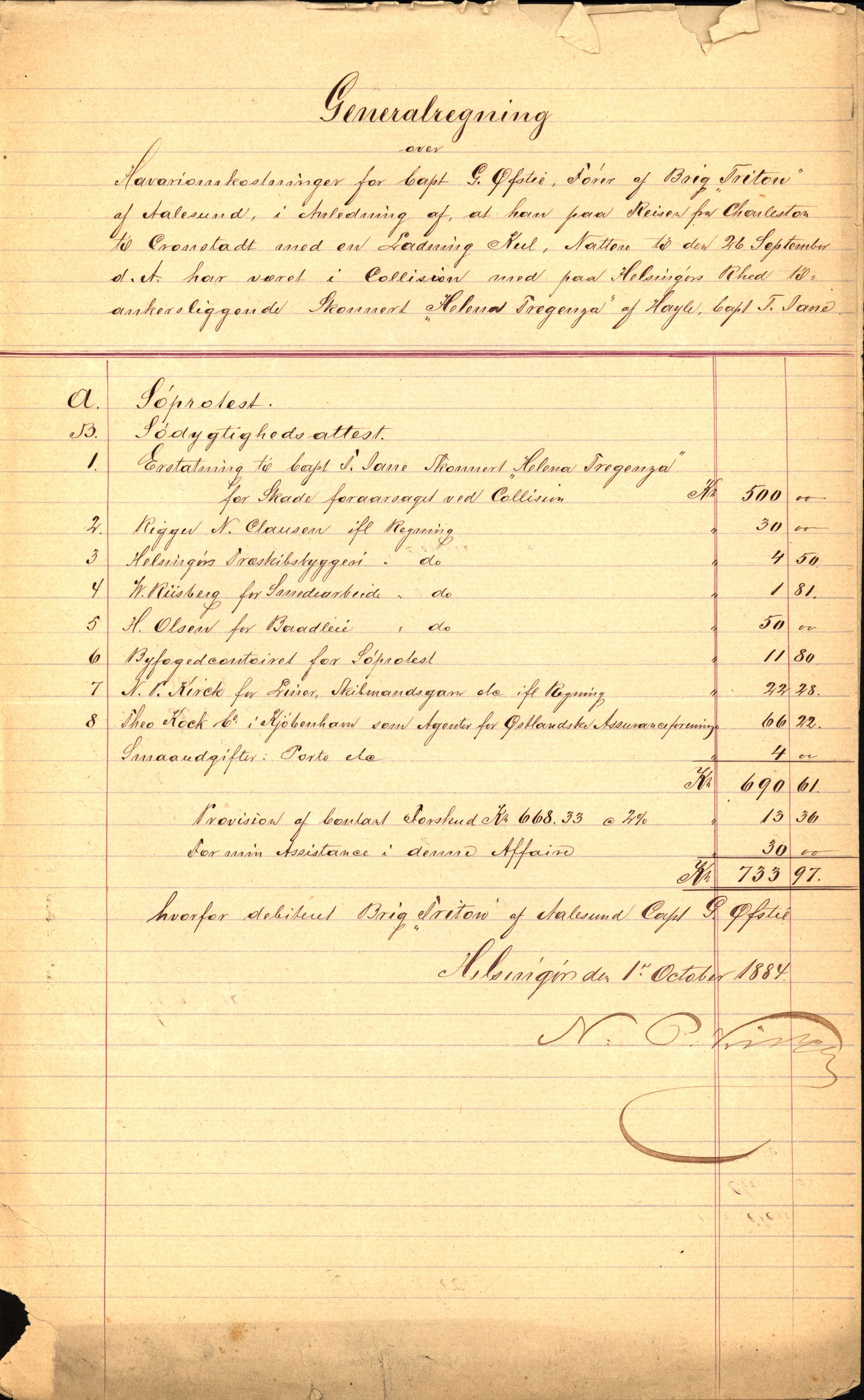 Pa 63 - Østlandske skibsassuranceforening, VEMU/A-1079/G/Ga/L0017/0001: Havaridokumenter / Triton, Albama, Alfen, 1884, p. 2