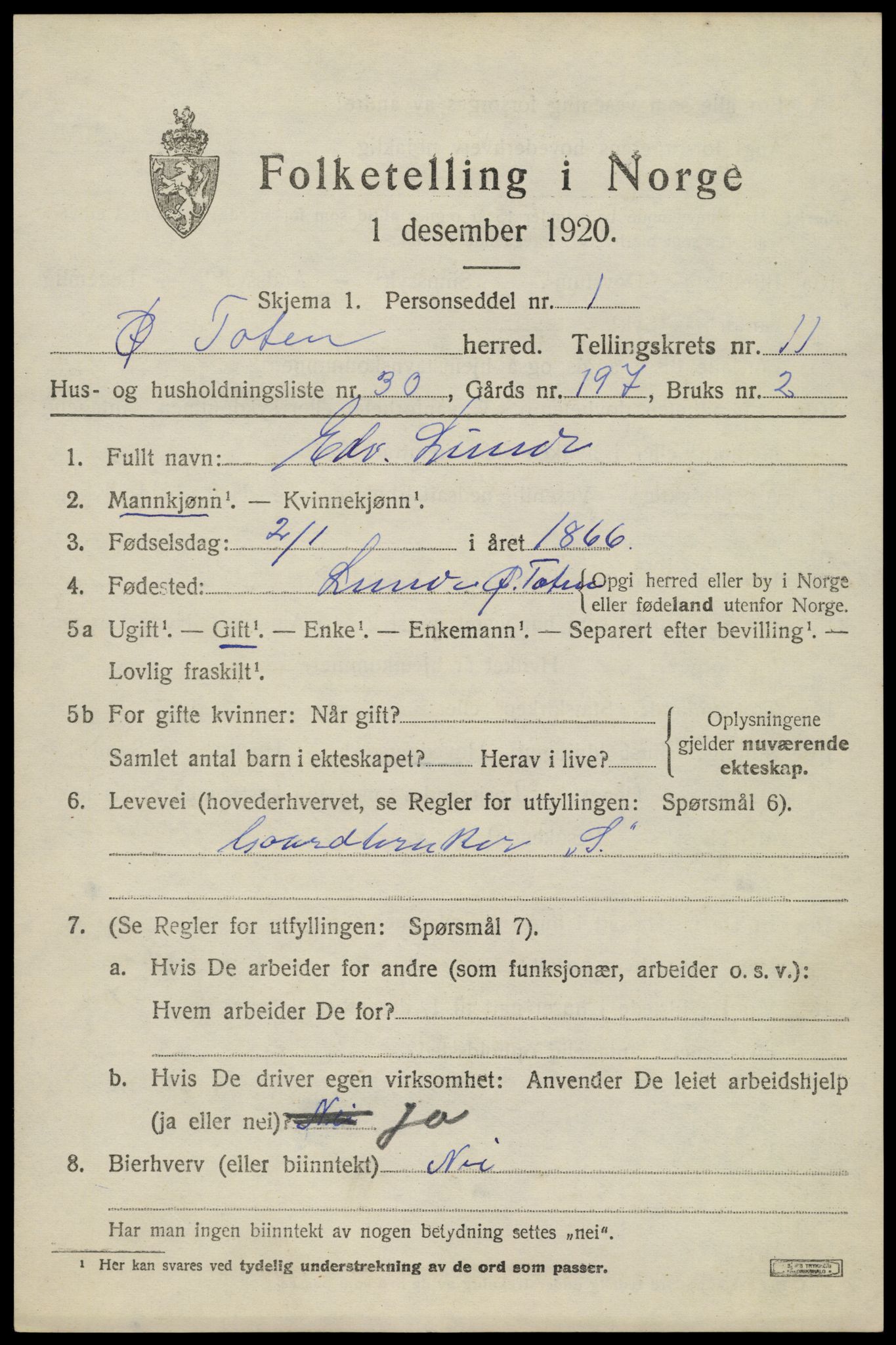 SAH, 1920 census for Østre Toten, 1920, p. 22196
