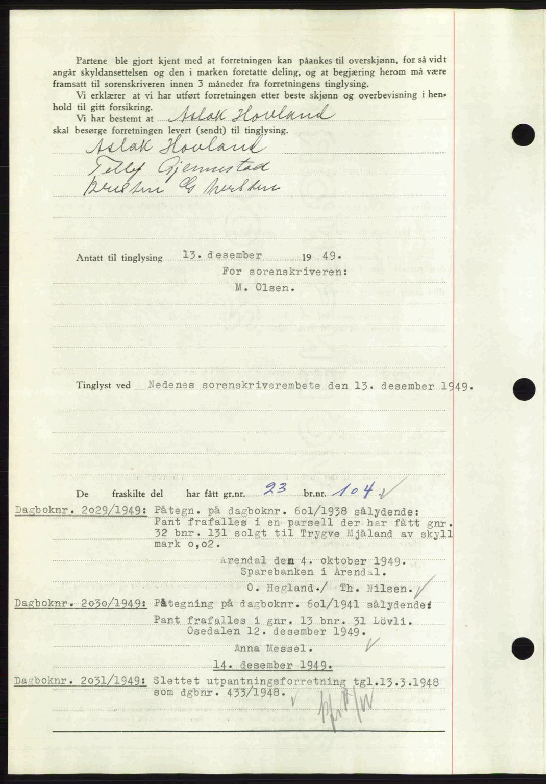 Nedenes sorenskriveri, AV/SAK-1221-0006/G/Gb/Gba/L0061: Mortgage book no. A13, 1949-1949, Diary no: : 2028/1949