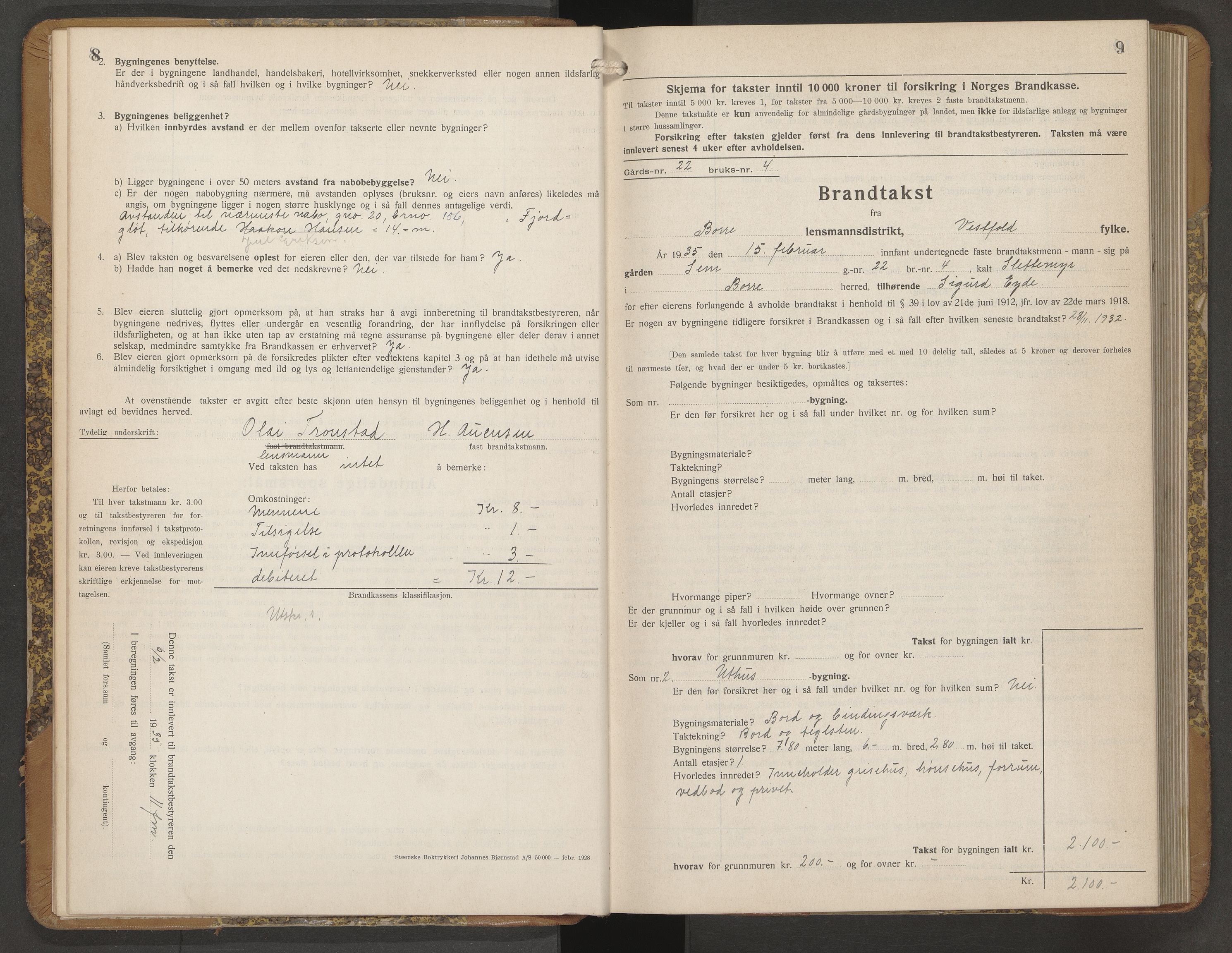 Borre lensmannskontor, AV/SAKO-A-533/Y/Yb/Ybb/L0005: Skjematakstprotokoll, 1935-1941