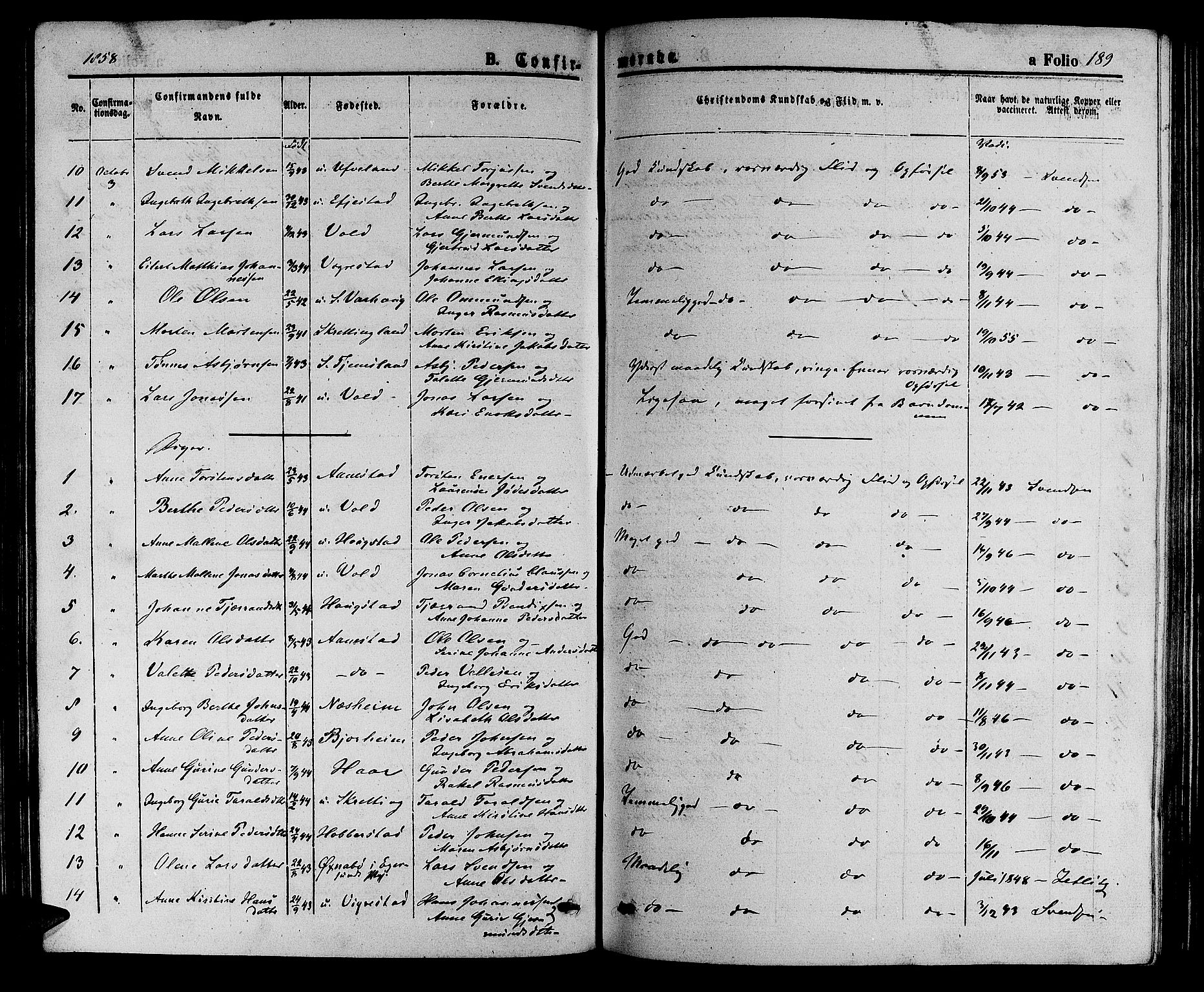 Hå sokneprestkontor, AV/SAST-A-101801/001/30BB/L0002: Parish register (copy) no. B 2, 1854-1883, p. 189