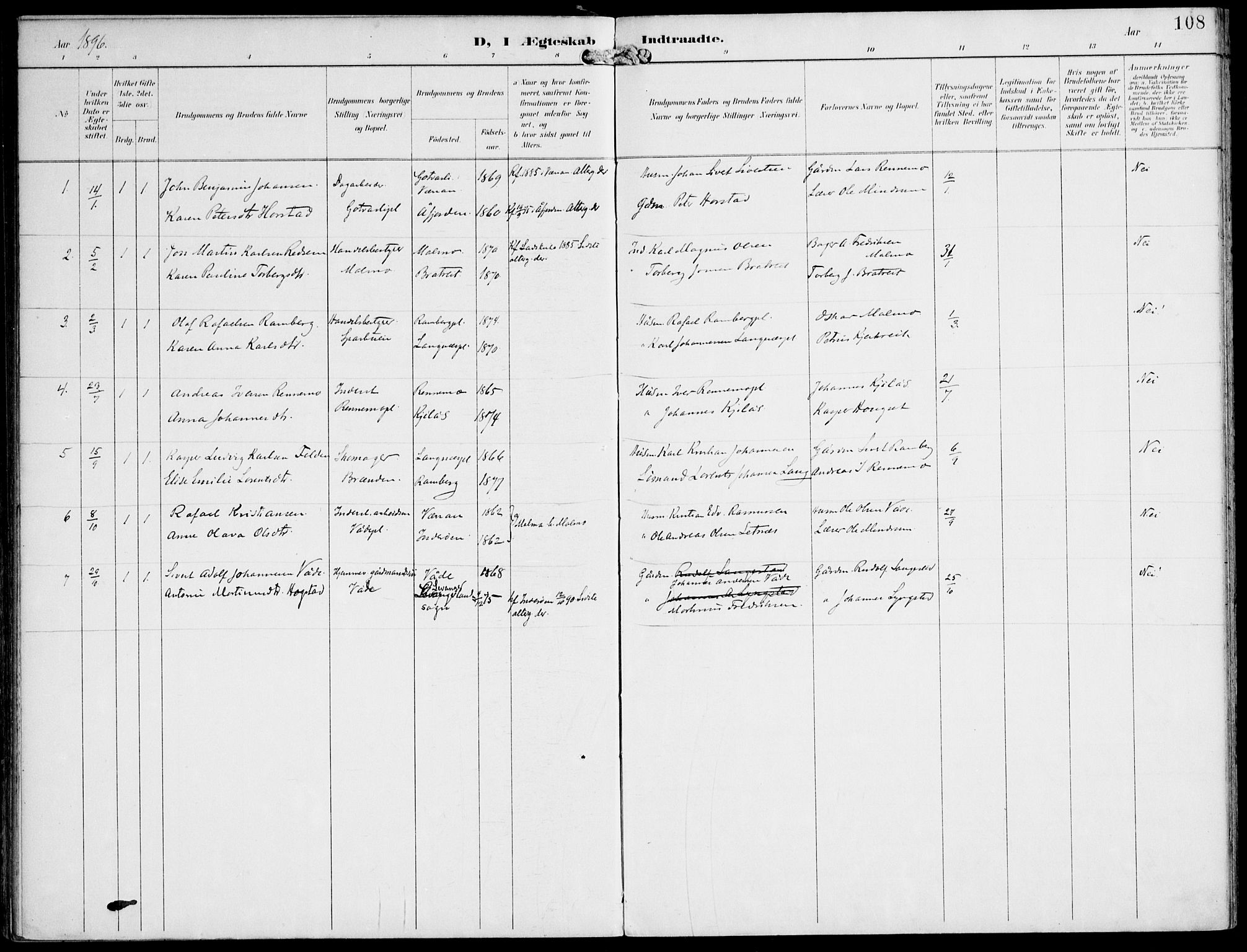 Ministerialprotokoller, klokkerbøker og fødselsregistre - Nord-Trøndelag, SAT/A-1458/745/L0430: Parish register (official) no. 745A02, 1895-1913, p. 108