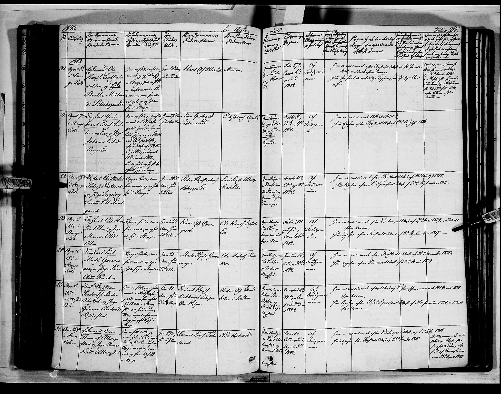 Stange prestekontor, AV/SAH-PREST-002/K/L0010: Parish register (official) no. 10, 1835-1845, p. 215