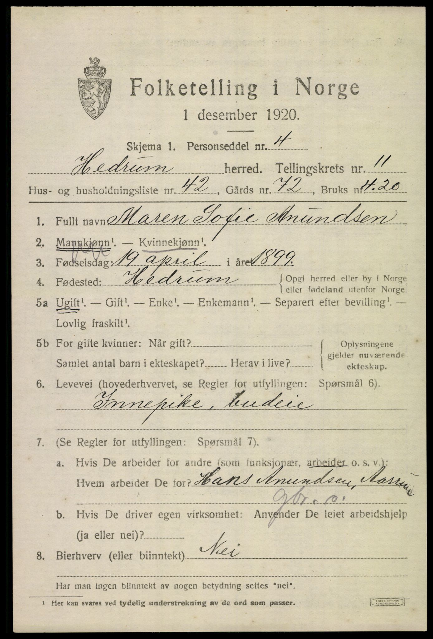 SAKO, 1920 census for Hedrum, 1920, p. 8017