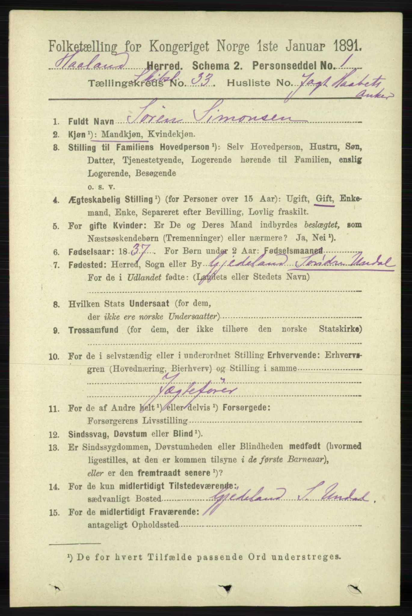 RA, 1891 census for 1124 Haaland, 1891, p. 4106