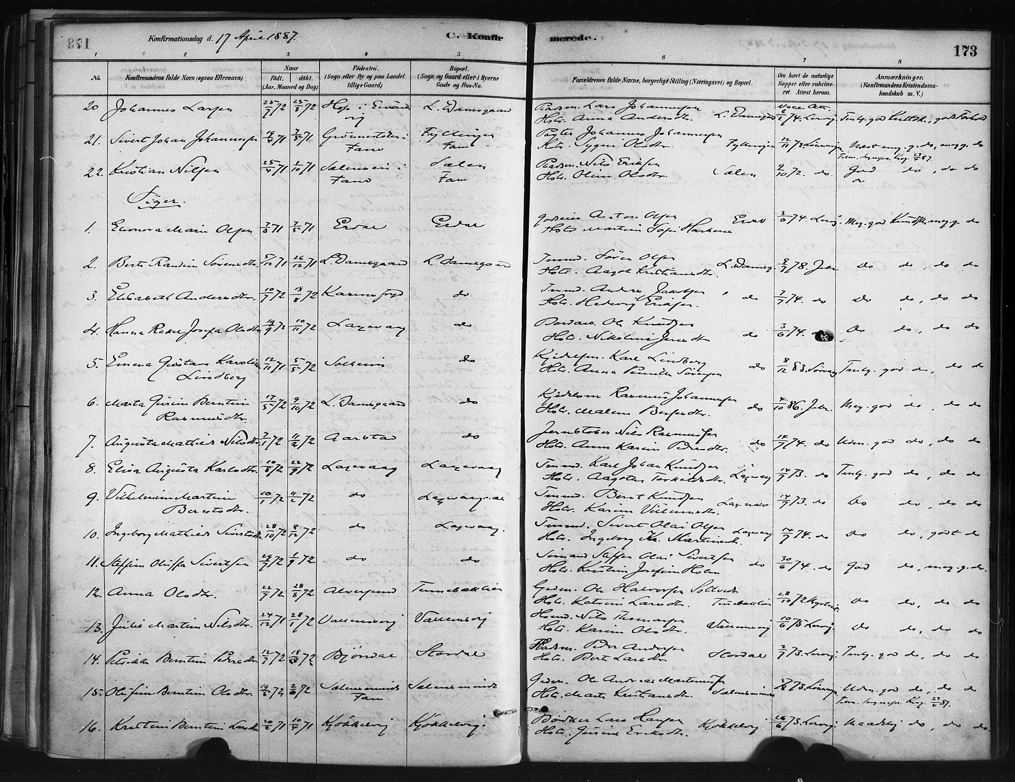 Askøy Sokneprestembete, AV/SAB-A-74101/H/Ha/Haa/Haae/L0002: Parish register (official) no. E 2, 1878-1891, p. 173