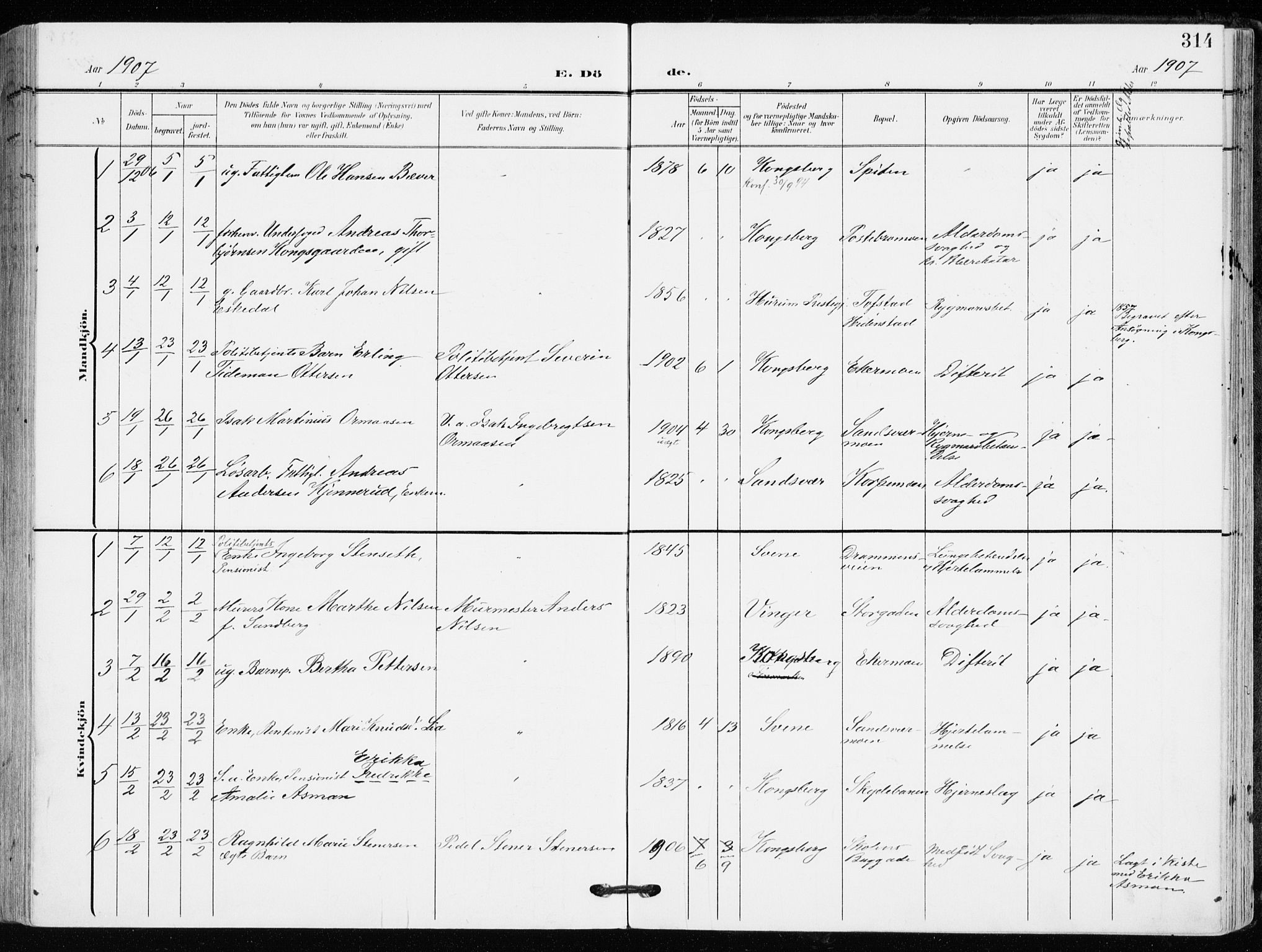 Kongsberg kirkebøker, SAKO/A-22/F/Fb/L0004: Parish register (official) no. II 4, 1906-1918, p. 314