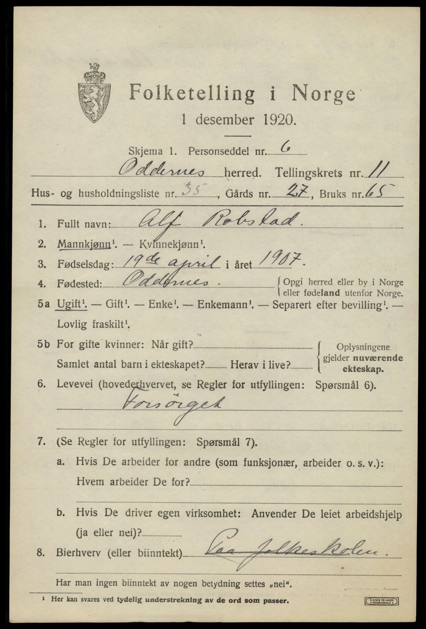 SAK, 1920 census for Oddernes, 1920, p. 7439